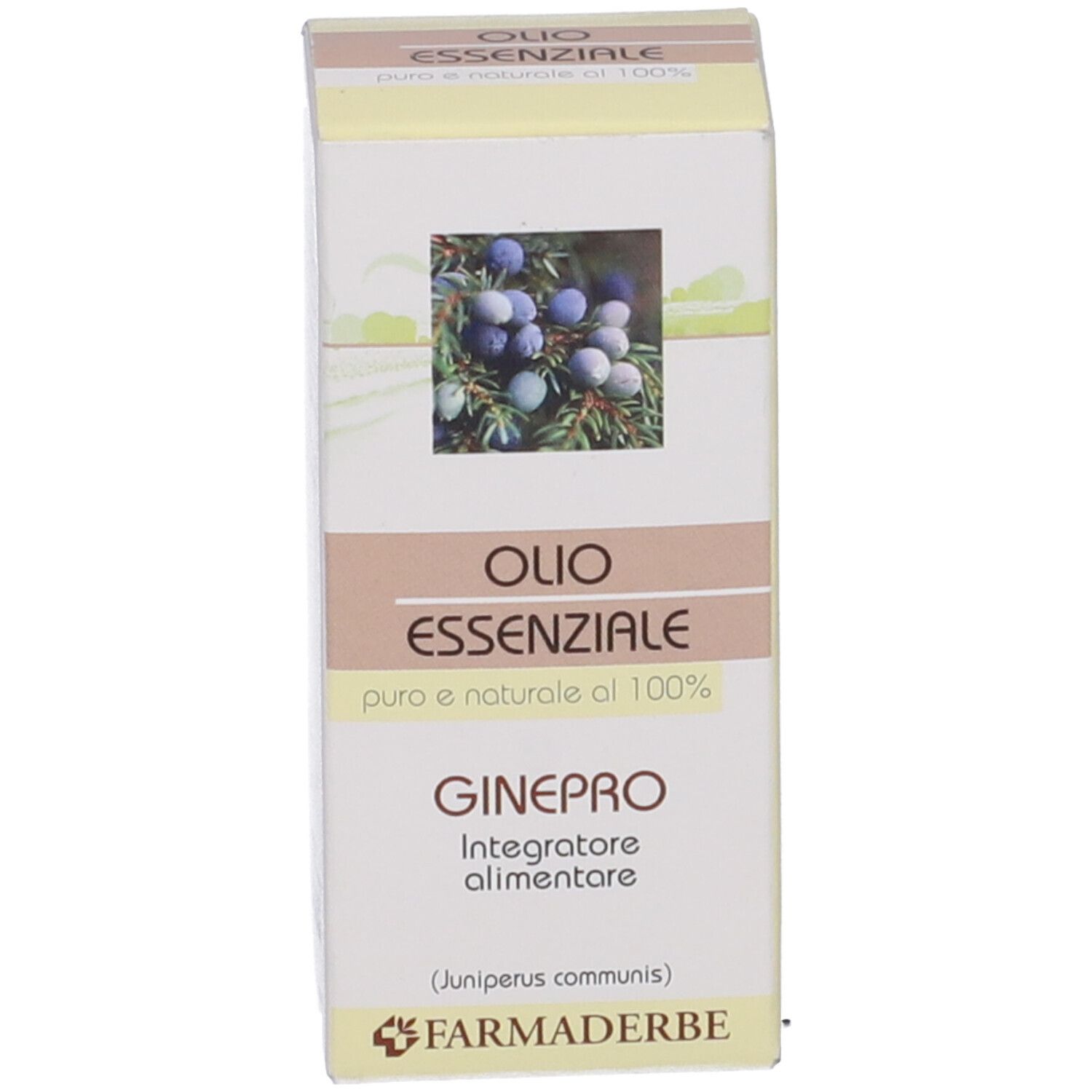 Scatola con stampa del prodotto. Immagine di bacche di ginepro. Testo: Olio Essenziale, GINEPRO, Farmaderbe.