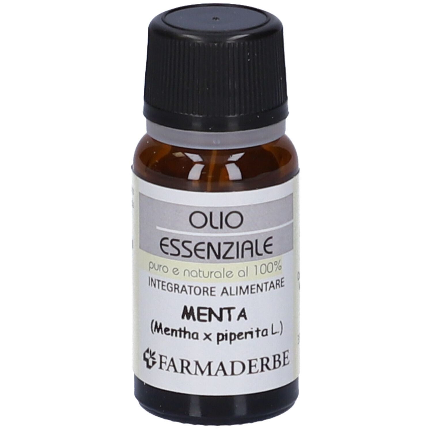 Flacone in vetro marrone, tappo nero. Scritto: Olio Essenziale, MENTA. Marchio: Farmaderbe.