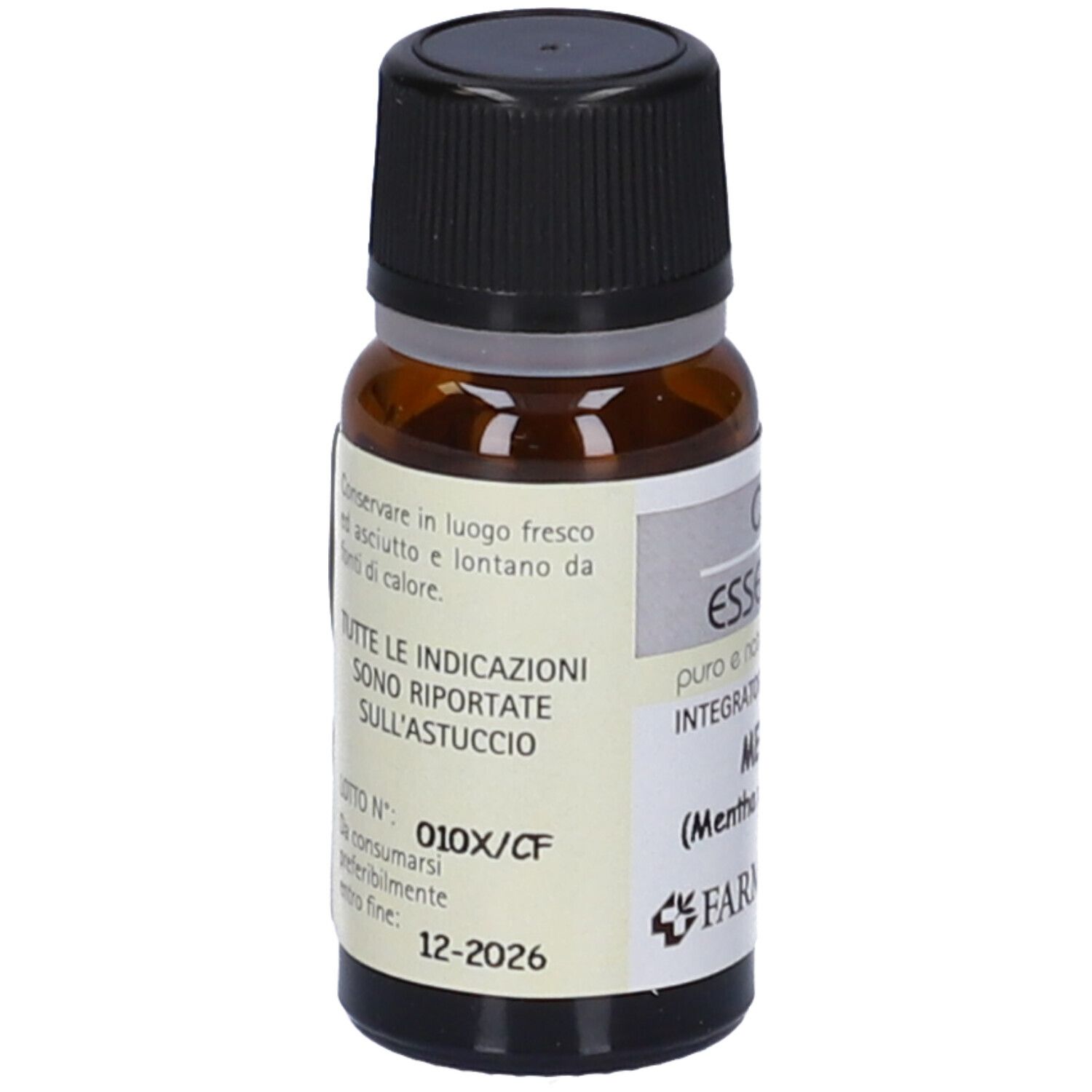 Flacone in vetro marrone, tappo nero. Scritto: Olio Essenziale, MENTA. Marchio: Farmaderbe. Testo.