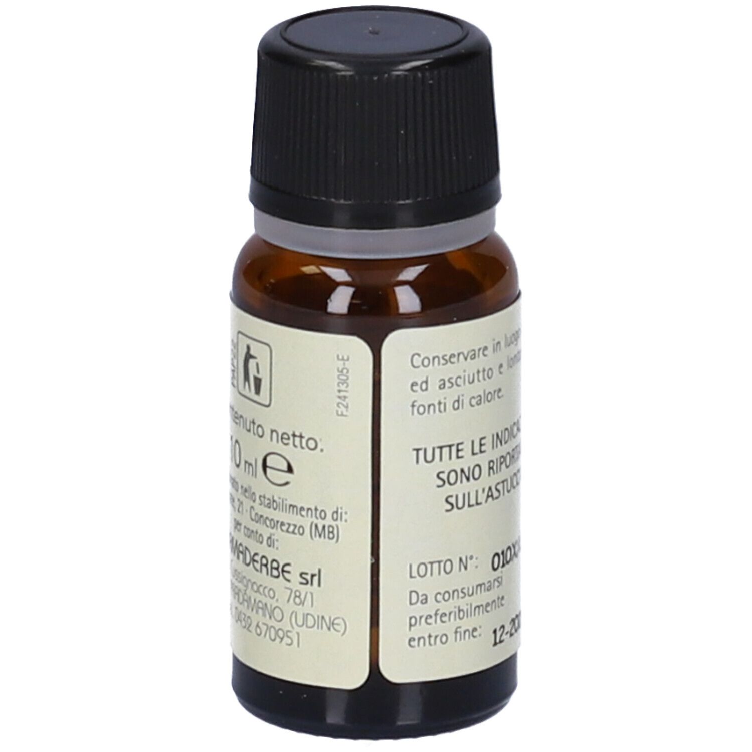 Flacone in vetro marrone, tappo nero. Scritto: Olio Essenziale, MENTA. Marchio: Farmaderbe. Testo.