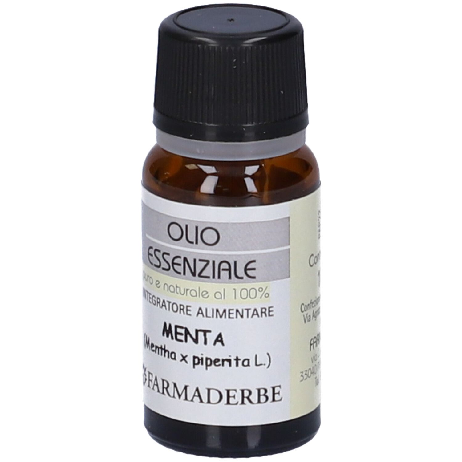 Flacone in vetro marrone, tappo nero. Scritto: Olio Essenziale, MENTA. Marchio: Farmaderbe.