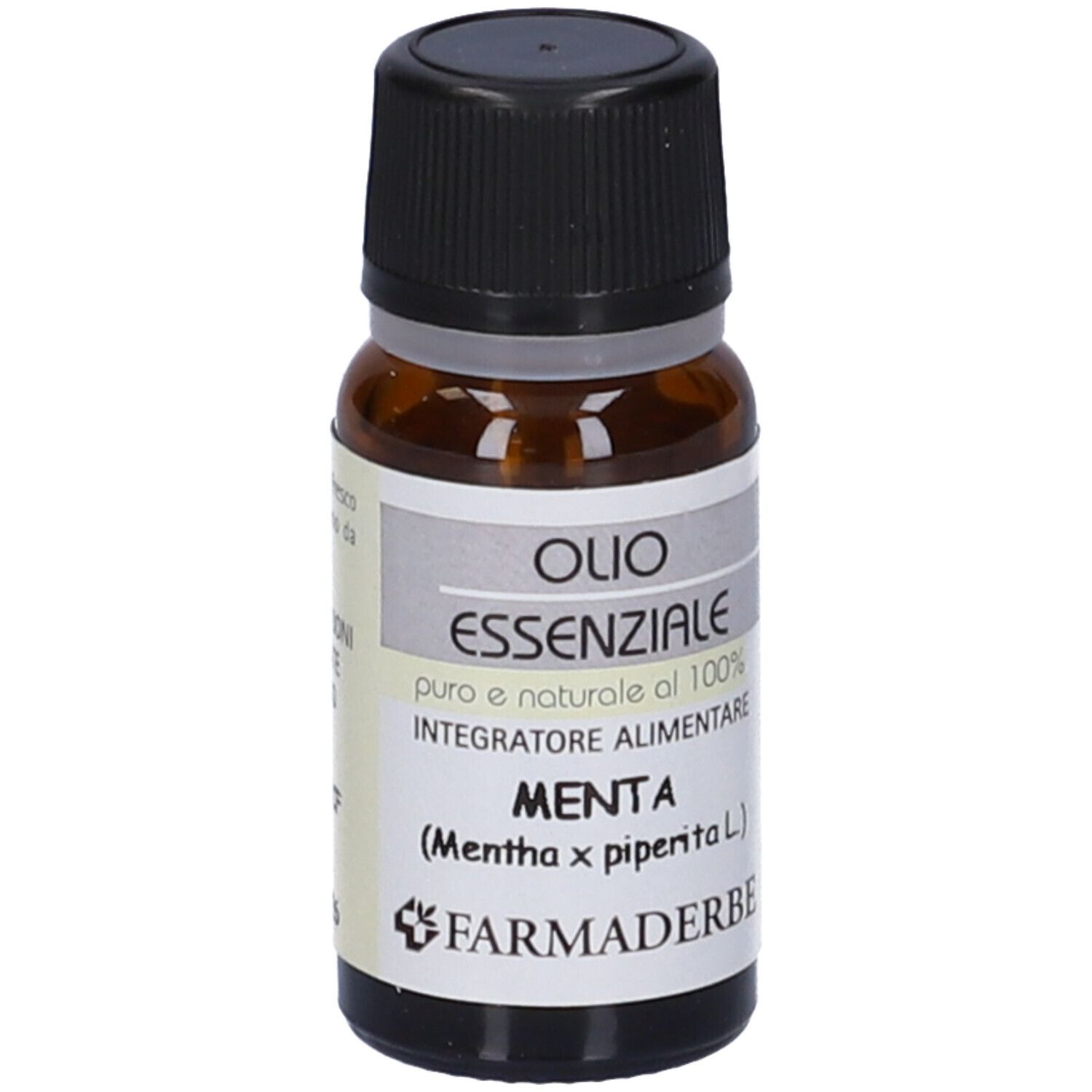 Flacone in vetro marrone, tappo nero. Scritto: Olio Essenziale, MENTA. Marchio: Farmaderbe.