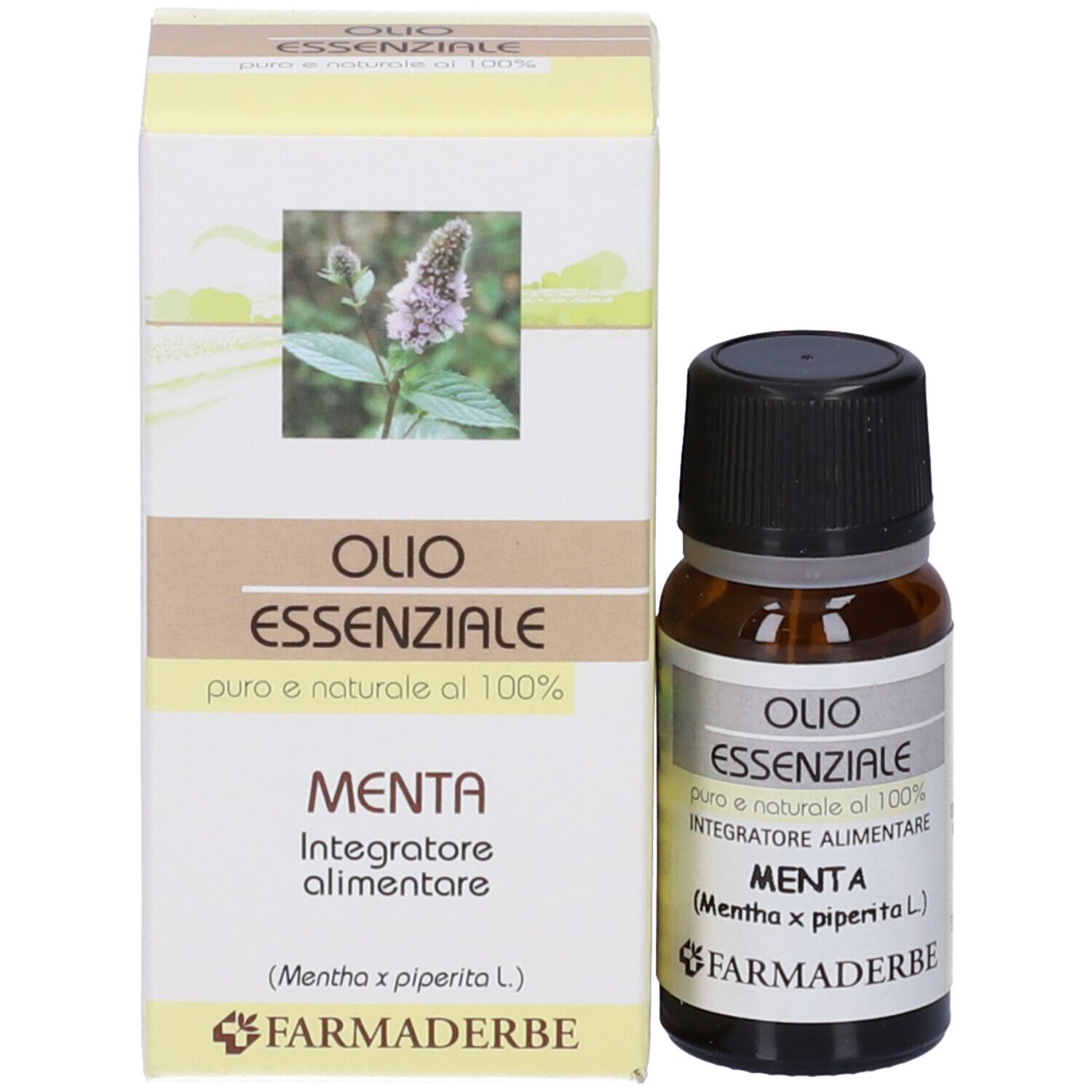 Scatola e flacone di Olio Essenziale. Scritto: MENTA, Integratore alimentare. Marchio: Farmaderbe.