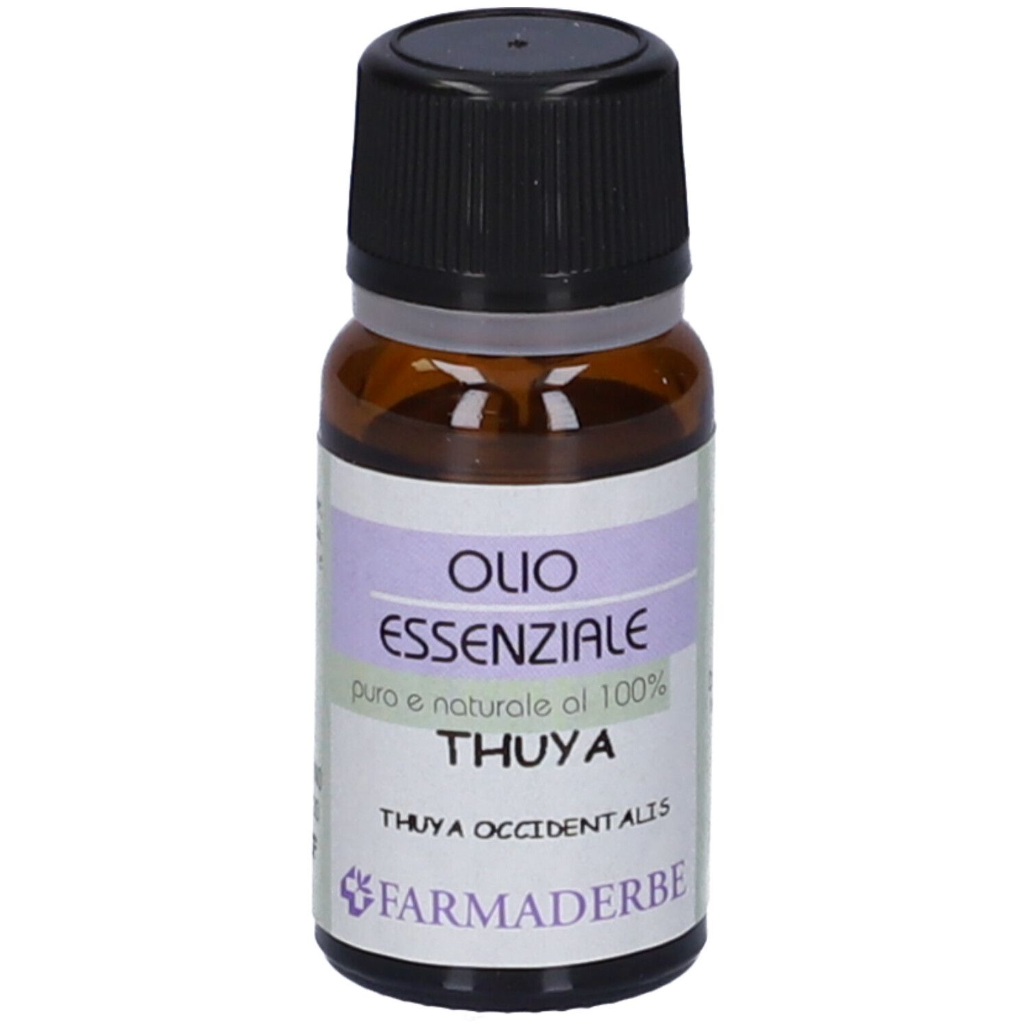 Flacone di vetro marrone con tappo nero. Scritta: Olio Essenziale, Thuya, Farmaderbe.