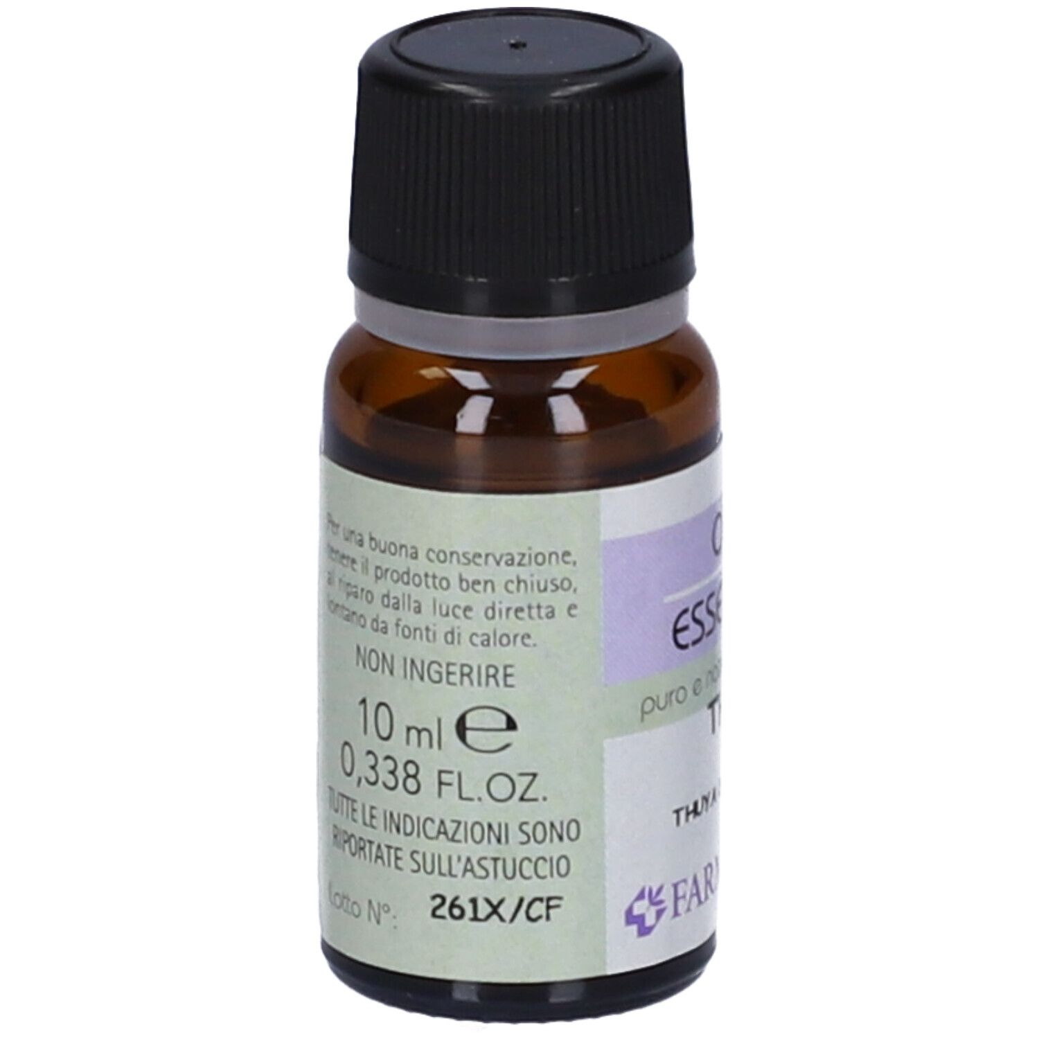 Flacone di vetro marrone con tappo nero. Scritta: Olio Essenziale, Thuya, 10 ml, Farmaderbe.