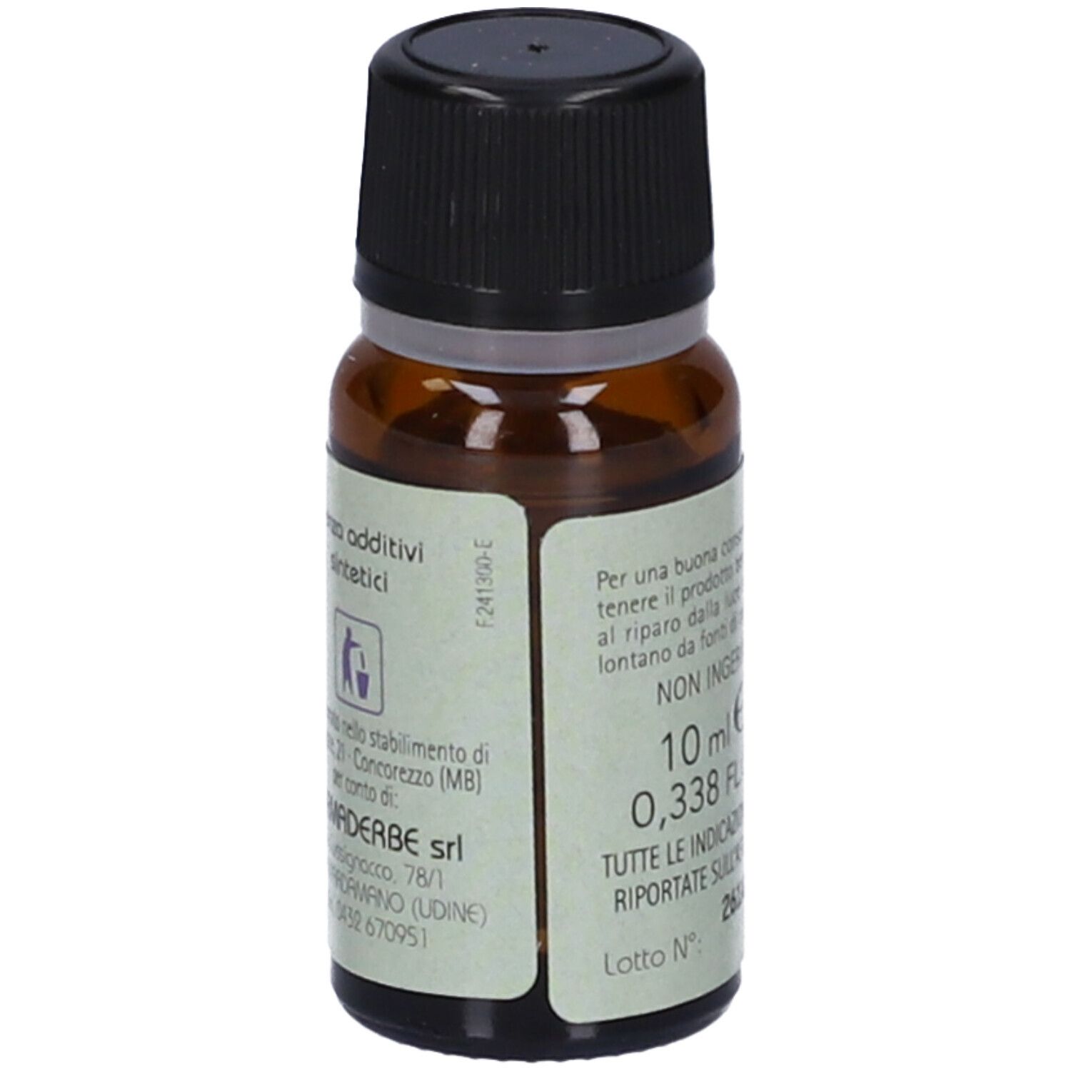 Flacone di vetro marrone con tappo nero. Scritta: Olio Essenziale, Thuya, 10 ml, Farmaderbe.