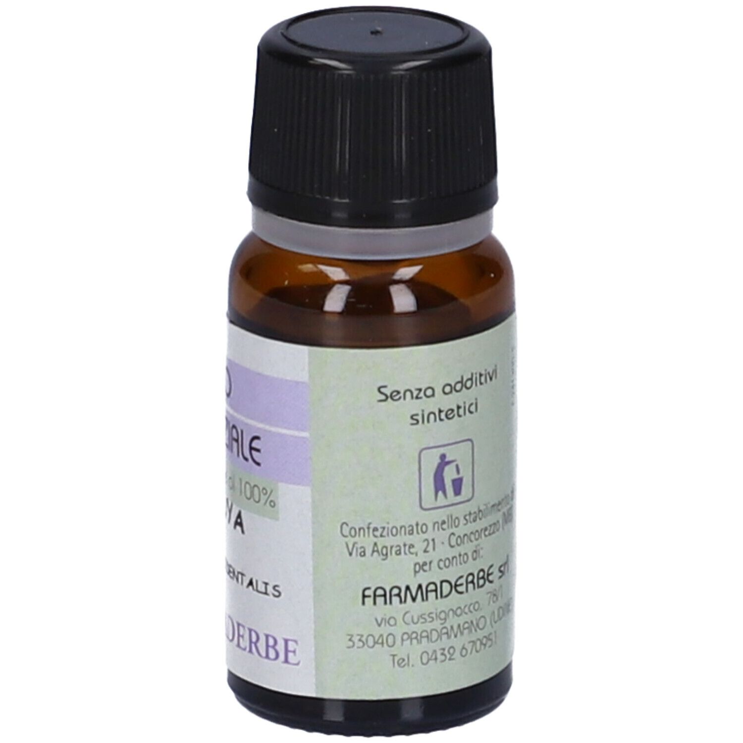 Flacone di vetro marrone con tappo nero. Scritta: Olio Essenziale, Thuya, Farmaderbe.