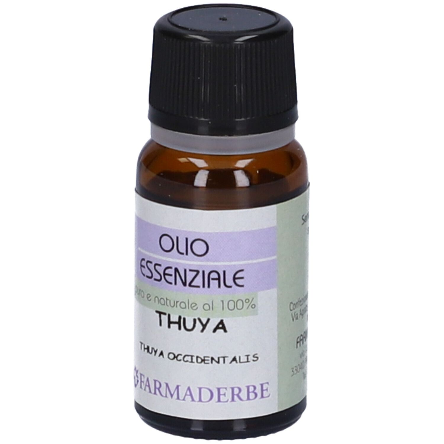 Flacone di vetro marrone con tappo nero. Scritta: Olio Essenziale, Thuya, Farmaderbe.