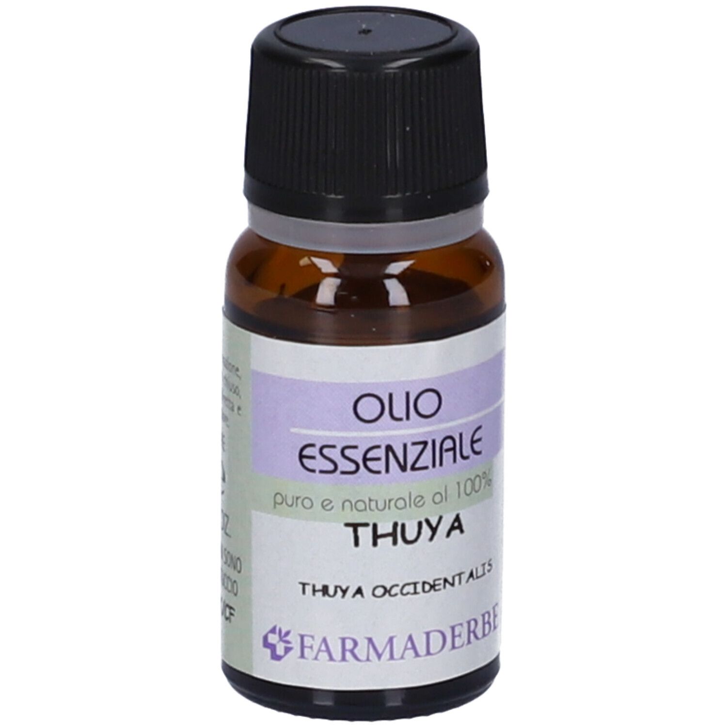 Flacone di vetro marrone con tappo nero. Scritta: Olio Essenziale, Thuya, Farmaderbe.