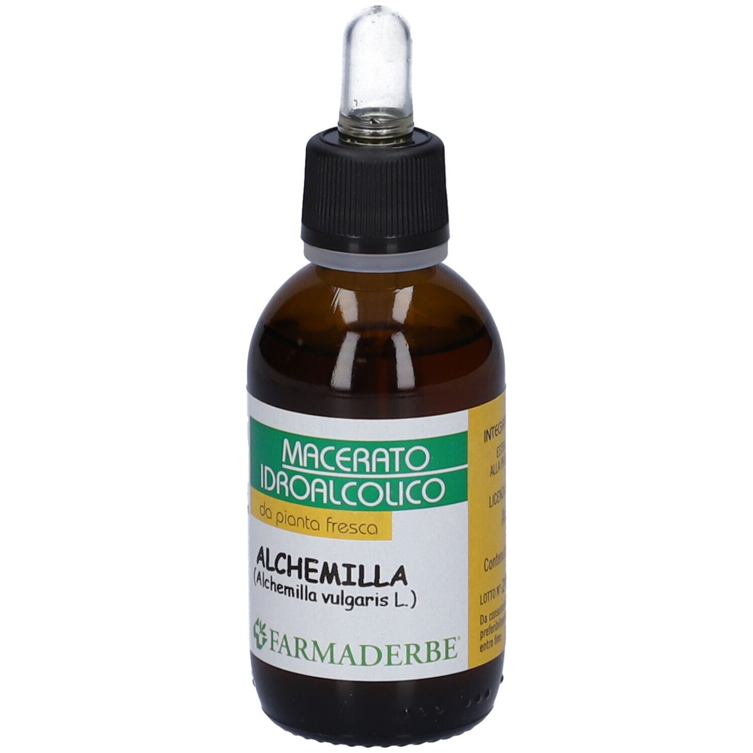 Flacone in vetro marrone con tappo nero e pipetta. Etichetta con testo: Macerato Idroalcolico, Alchemilla, logo Farmaderbe.