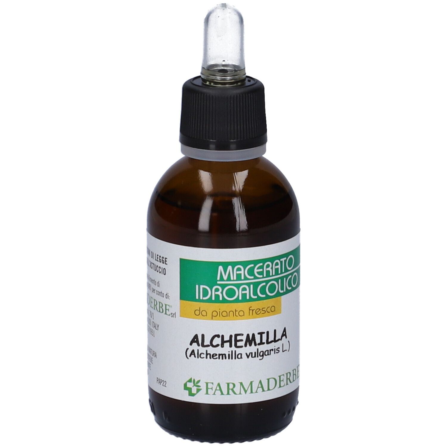 Flacone in vetro marrone con tappo nero e pipetta. Etichetta con testo: Macerato Idroalcolico, Alchemilla, logo Farmaderbe.