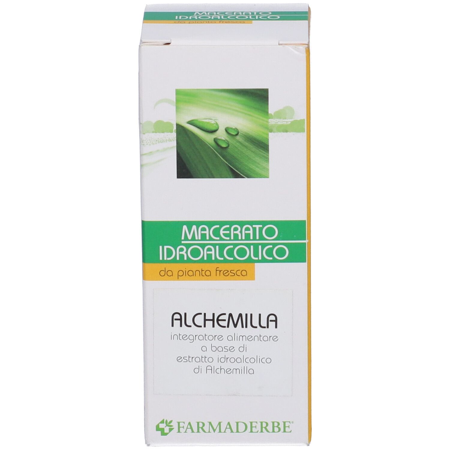 Confezione del prodotto. Testo: Macerato Idroalcolico, Alchemilla, logo Farmaderbe. Colori verde e giallo.