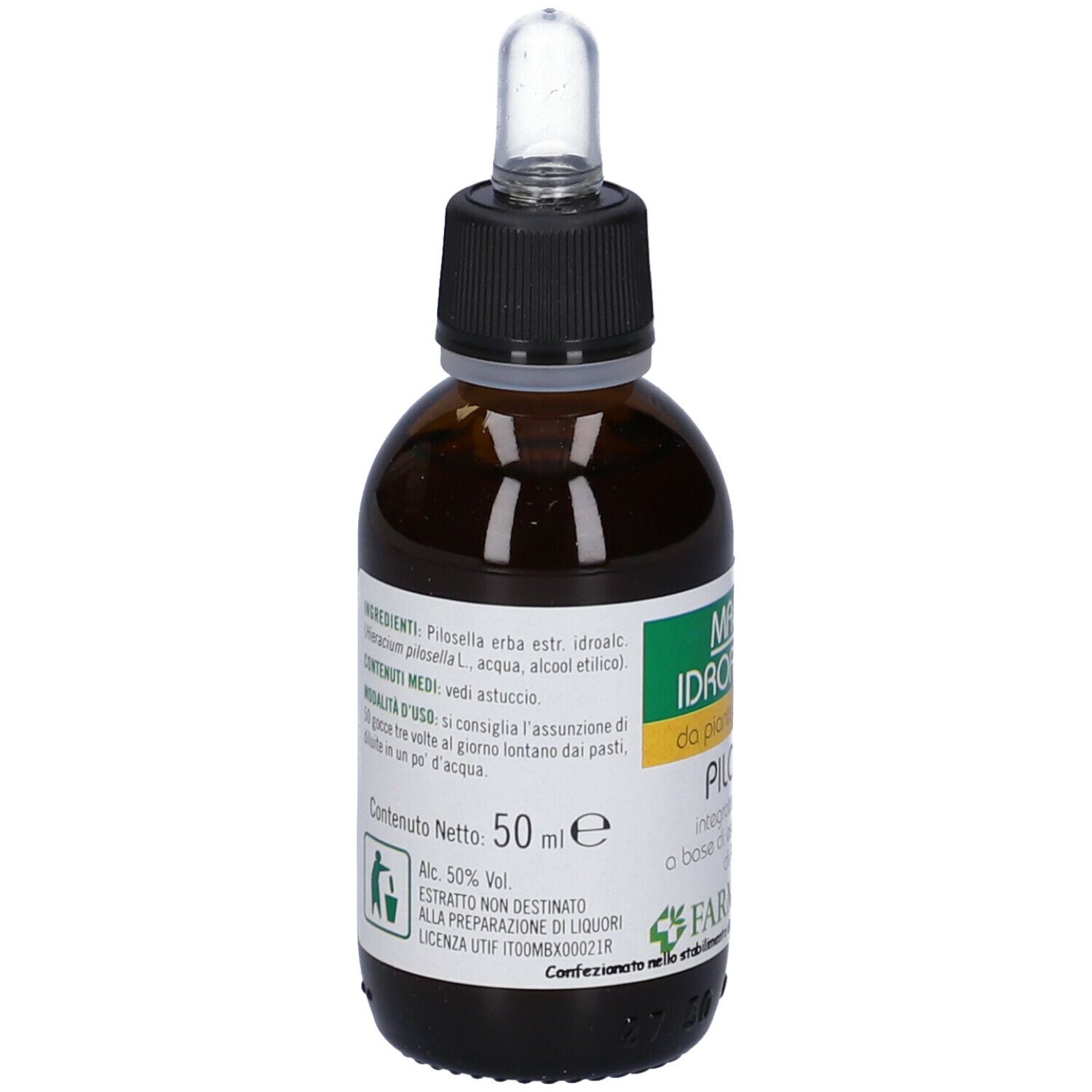 Flacone in vetro marrone con tappo nero e pipetta. Etichetta con informazioni sul prodotto. 50 ml.