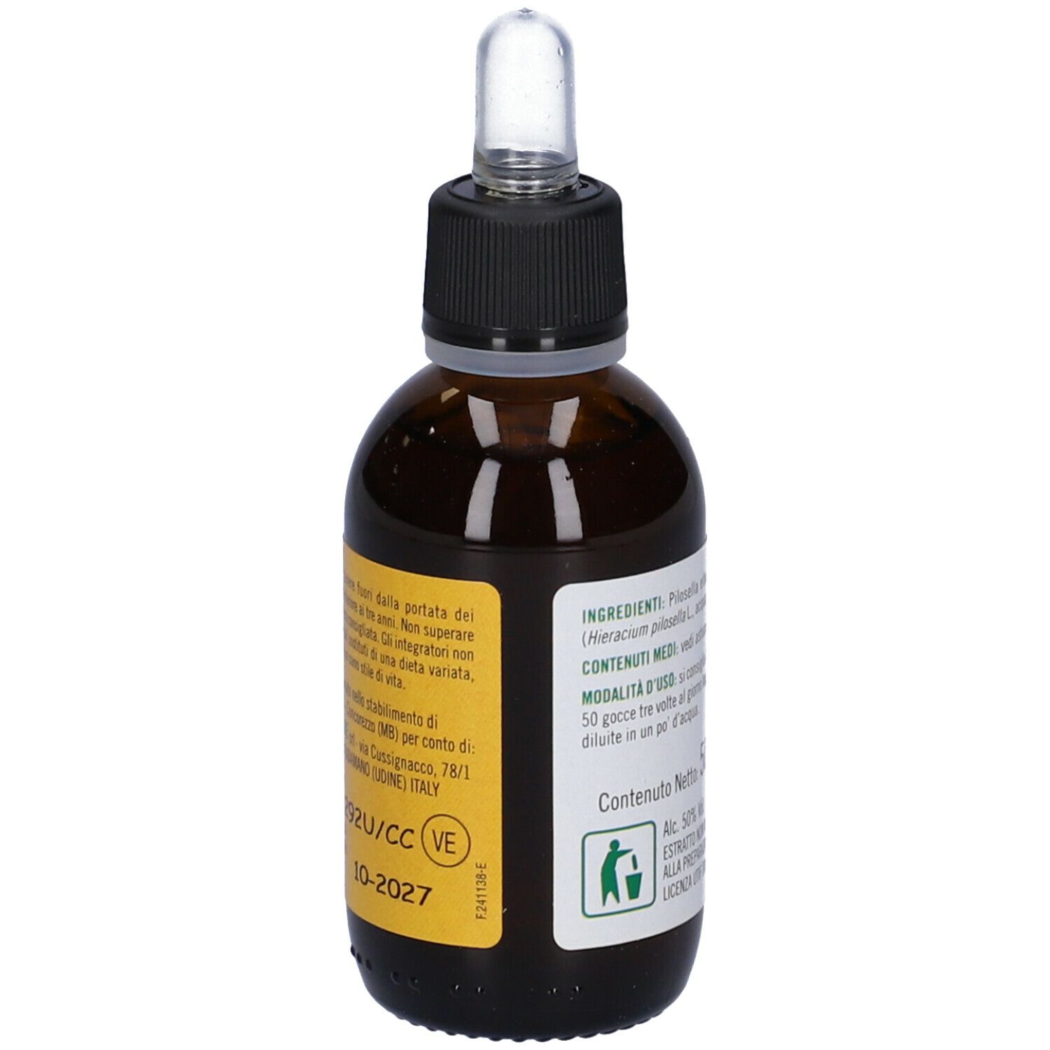 Flacone in vetro marrone con tappo nero e pipetta. Etichetta gialla con informazioni. 50 ml.