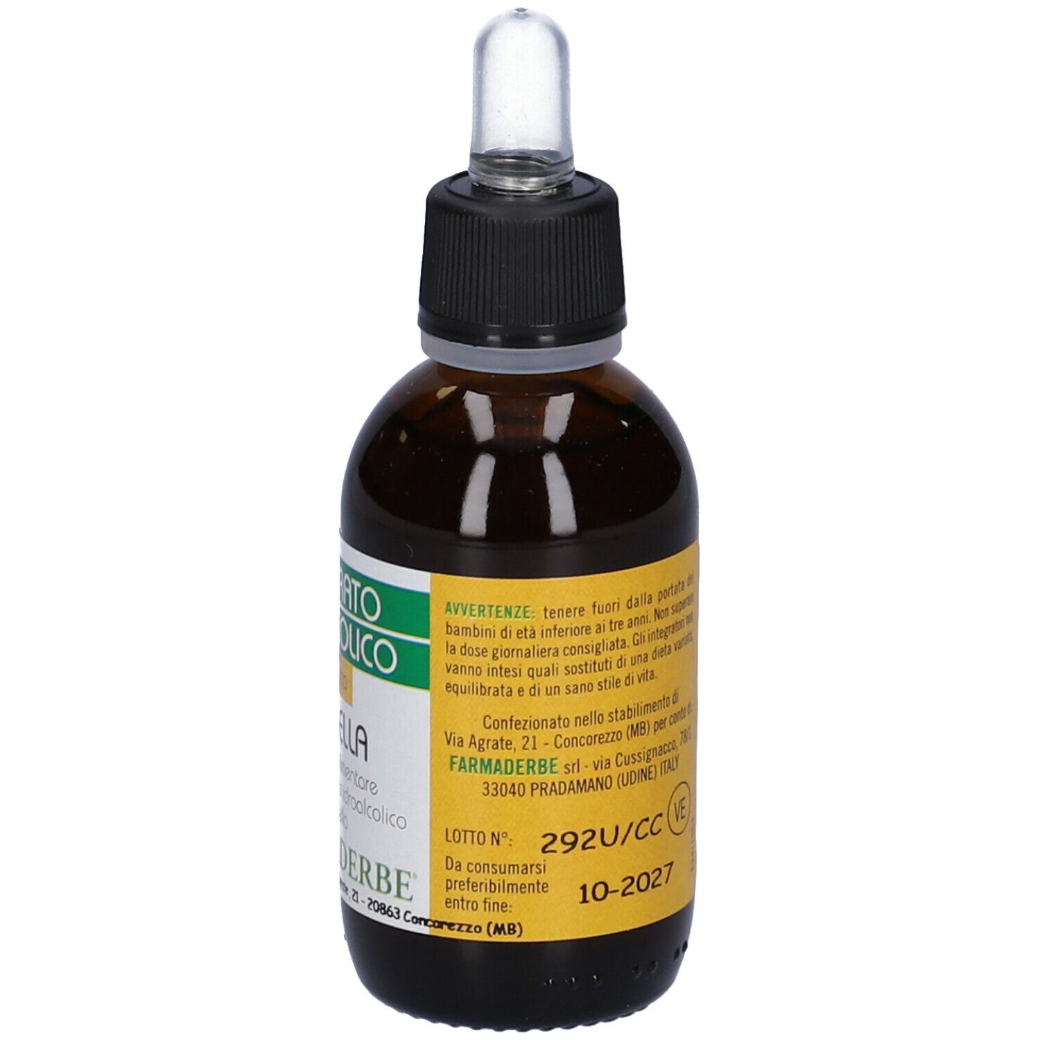 Flacone in vetro marrone con tappo nero e pipetta. Etichetta gialla con informazioni. 50 ml.