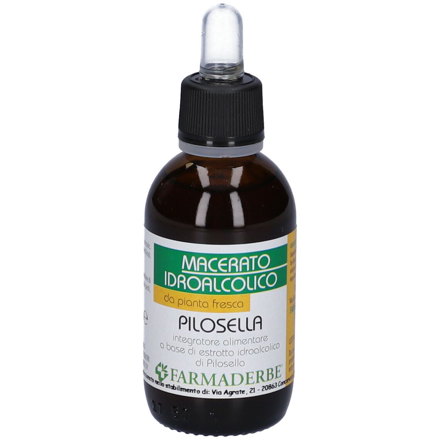 Flacone in vetro marrone con tappo nero e pipetta. Etichetta con informazioni sul prodotto. 50 ml.