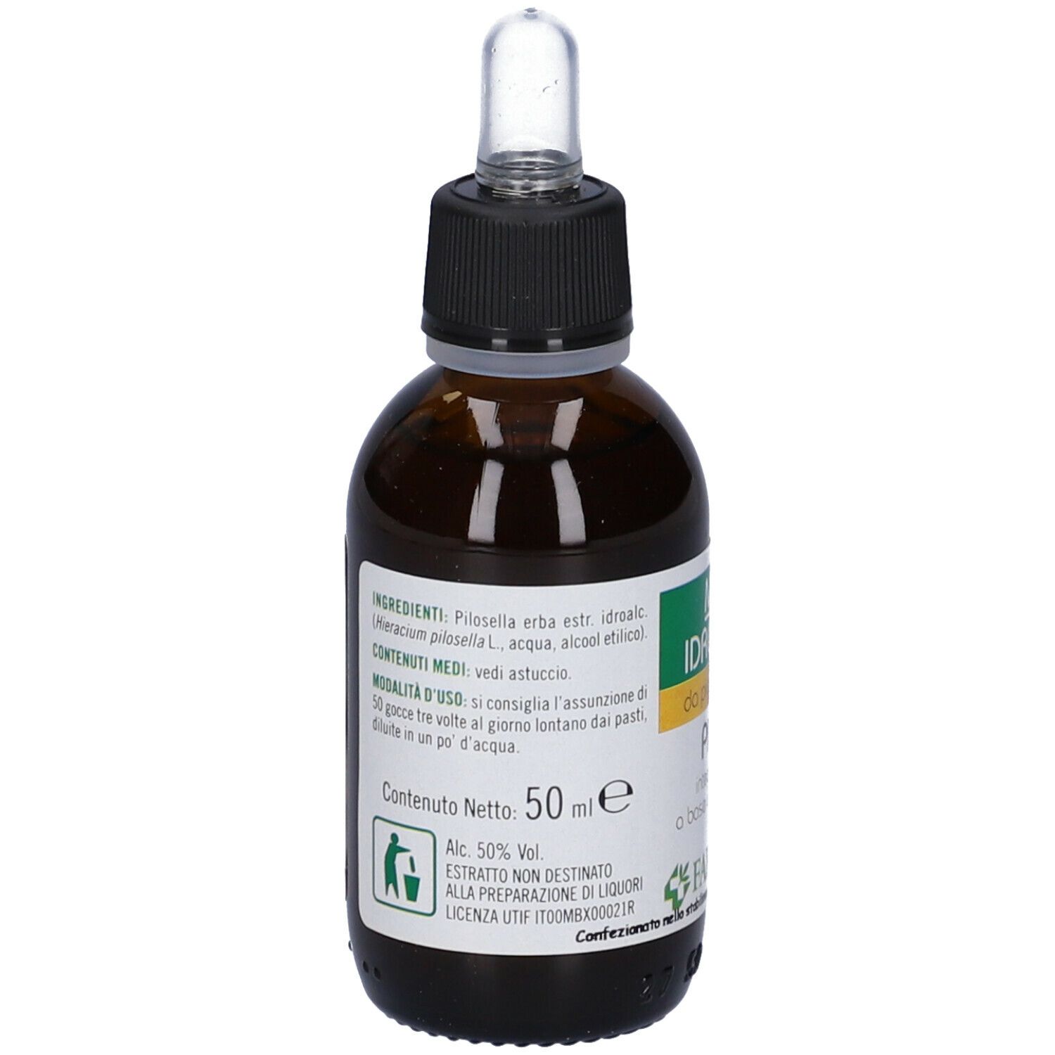 Flacone in vetro marrone con tappo nero e pipetta. Etichetta con informazioni sul prodotto. 50 ml.