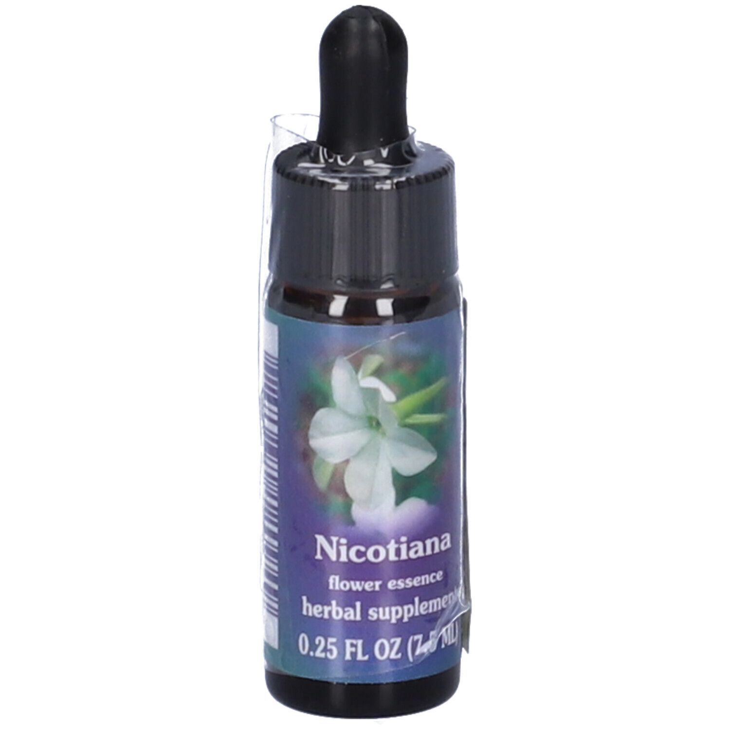 Flacone di vetro marrone con contagocce nero. Etichetta con nome Nicotiana, immagine floreale e testo. Confezionato in plastica.