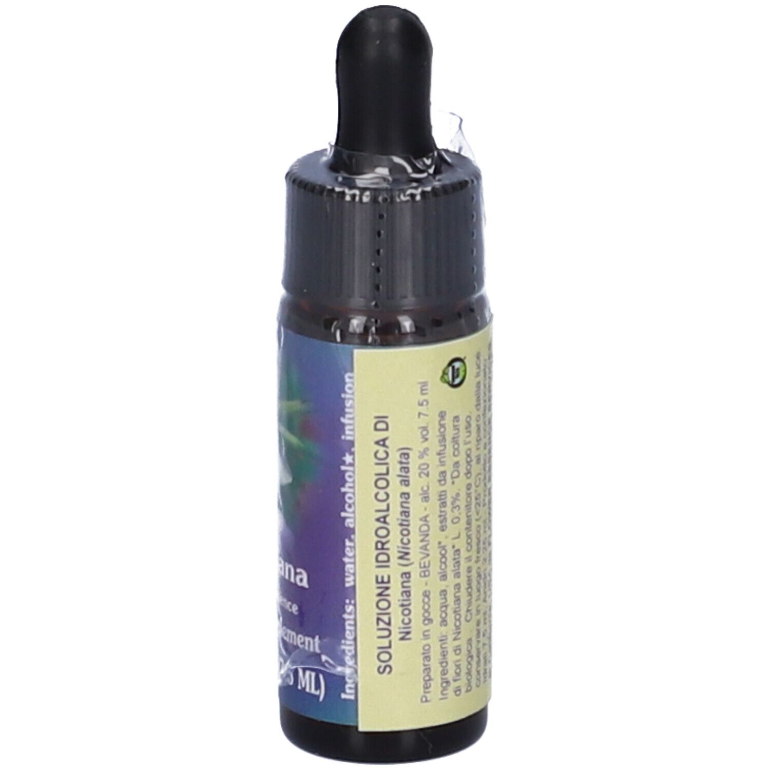 Flacone di vetro marrone con contagocce nero. Etichetta con nome, testo e ingredienti. Confezionato in plastica.