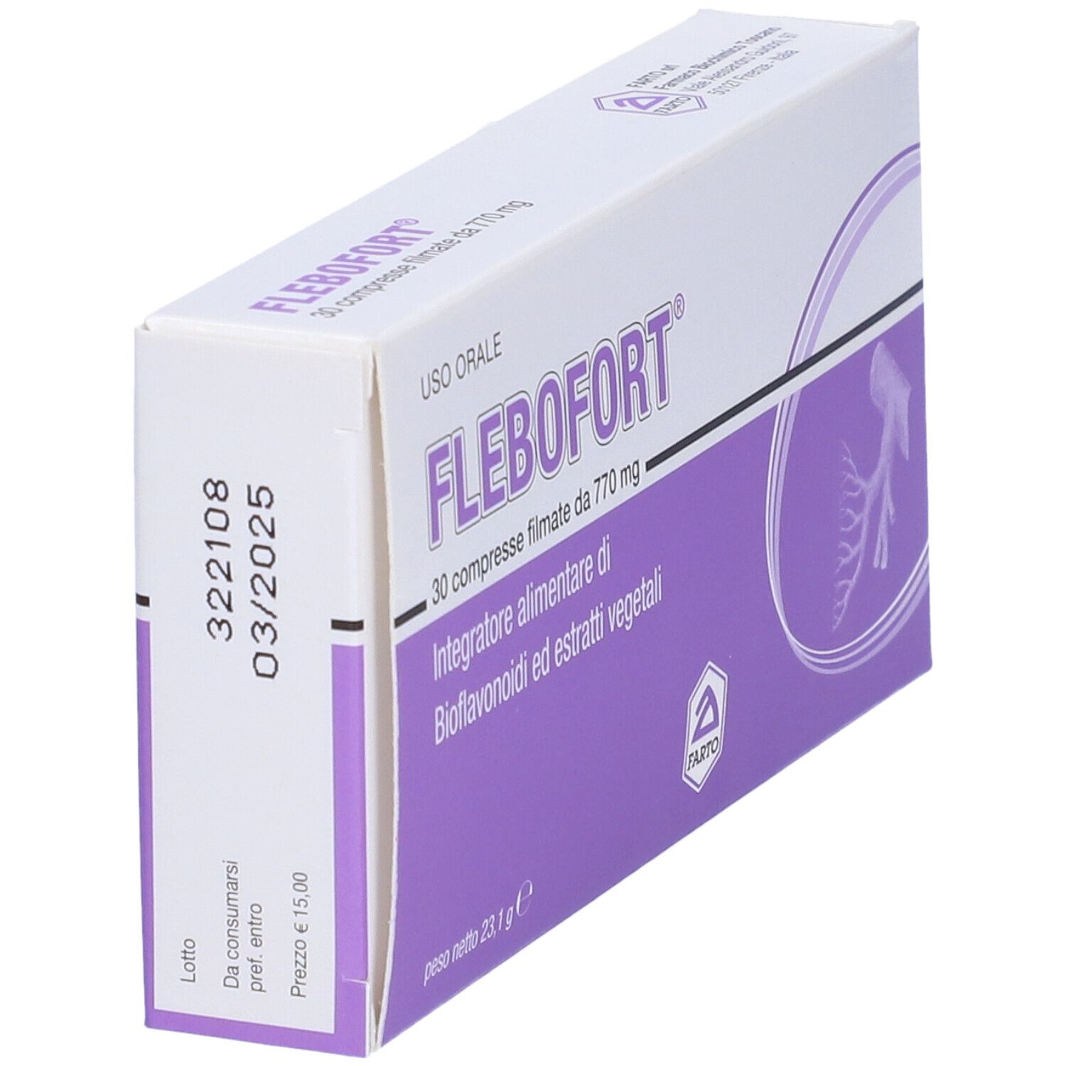 Scatola FLEBOFORT in diagonale. Scatola bianca con accenti viola. Mostra il logo e le informazioni. Data di scadenza visibile.