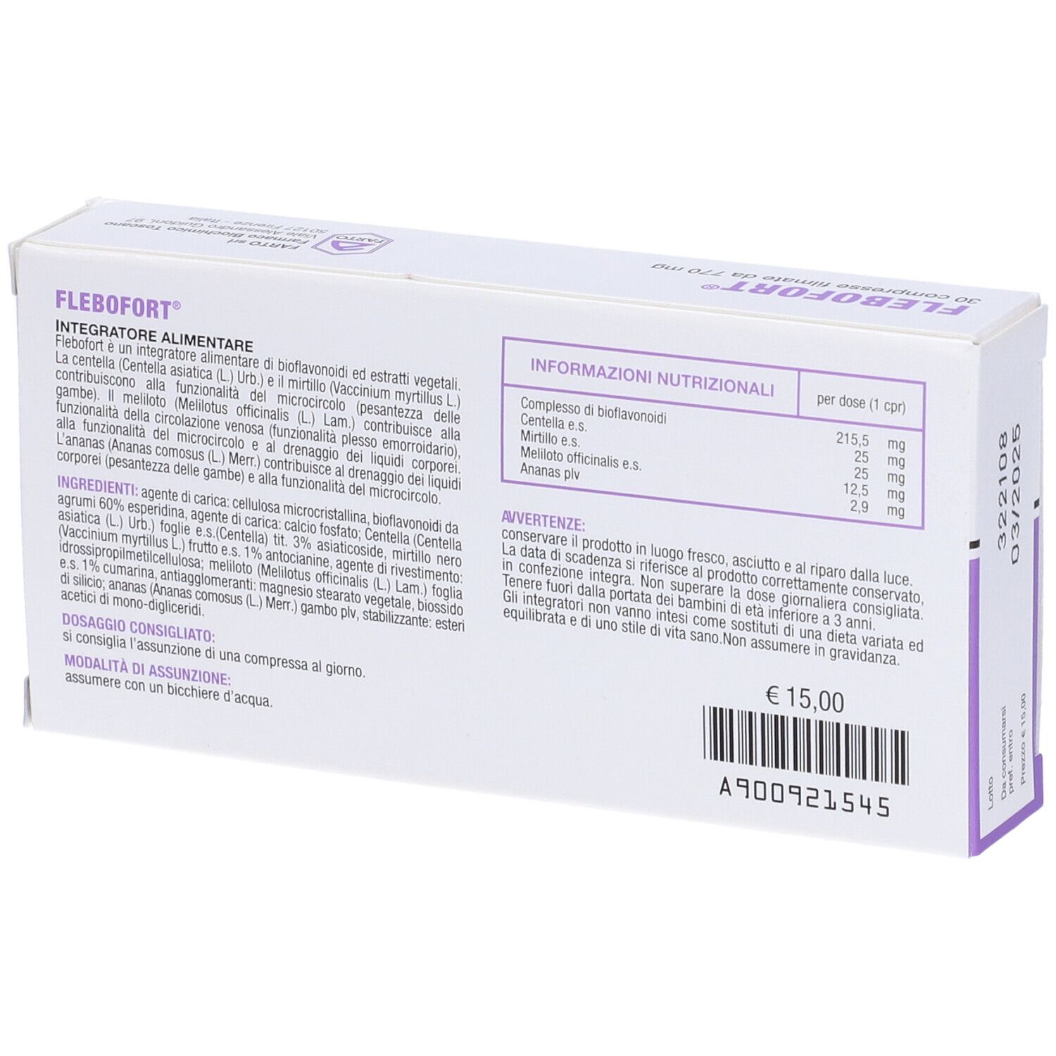 Retro della scatola FLEBOFORT. Contiene informazioni nutrizionali e ingredienti. Prezzo e numero di lotto visibili.