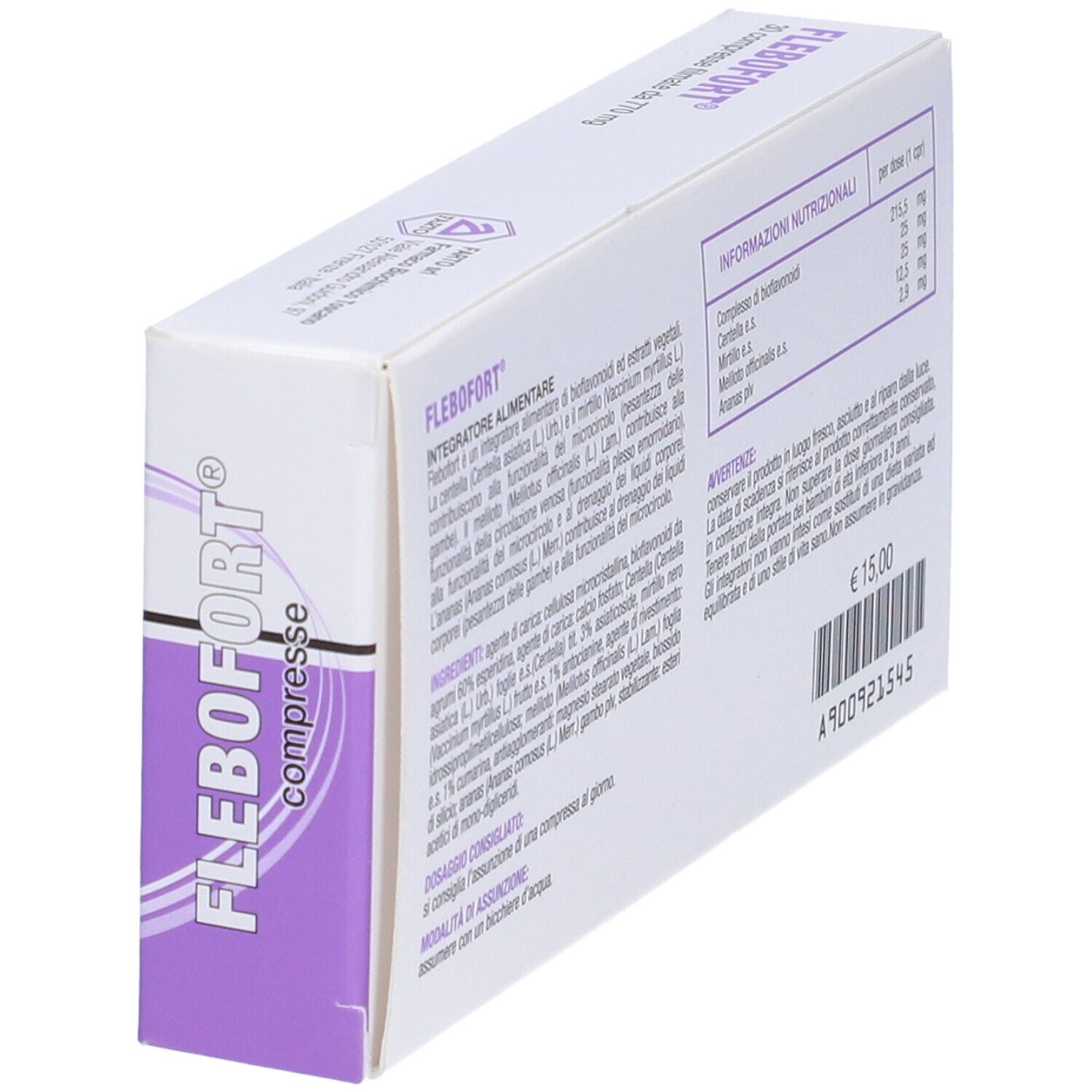 Scatola FLEBOFORT in diagonale. Retro con ingredienti e informazioni nutrizionali. Prezzo e numero di lotto.