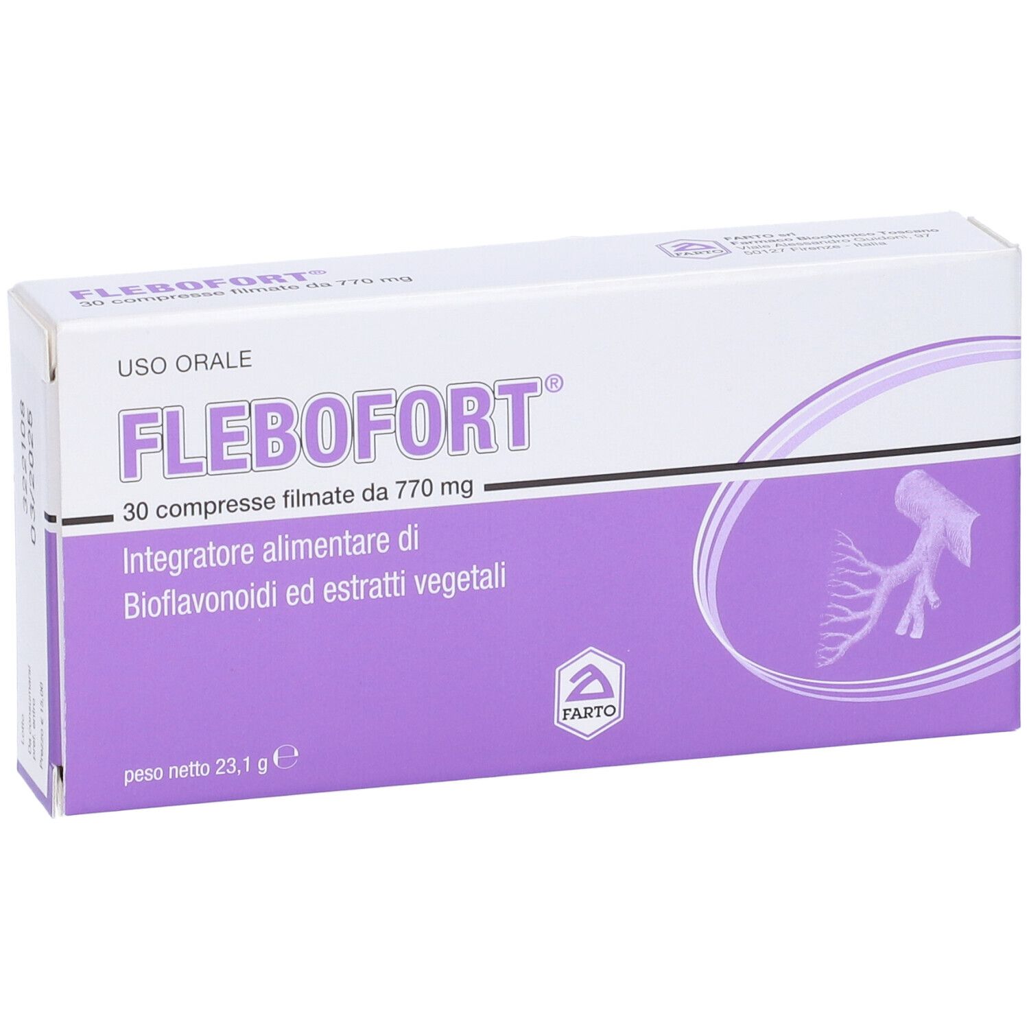 Scatola FLEBOFORT. Vista frontale con nome del prodotto e informazioni. Design viola e bianco. 30 compresse.
