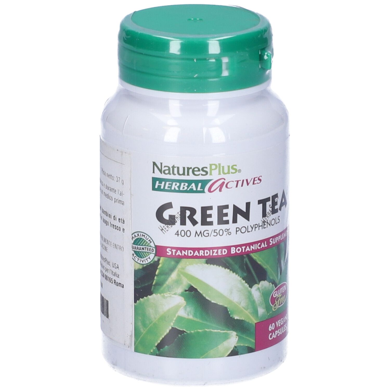 Flacone bianco, tappo verde. Scritta: Herbal Actives Green Tea, 60 capsule vegane. Senza glutine.