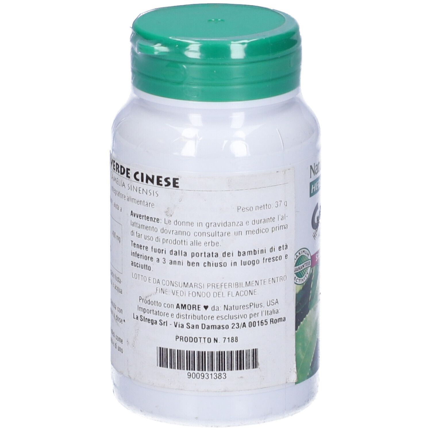 Retro di un flacone bianco, tappo verde. Testo in italiano. Numero prodotto 7188.