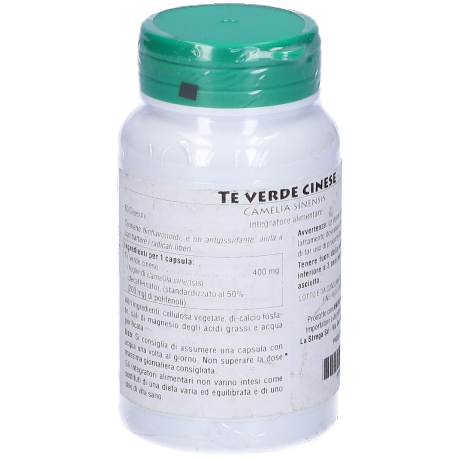 Flacone bianco, tappo verde. Testo in italiano. Elenco ingredienti e dosaggio.