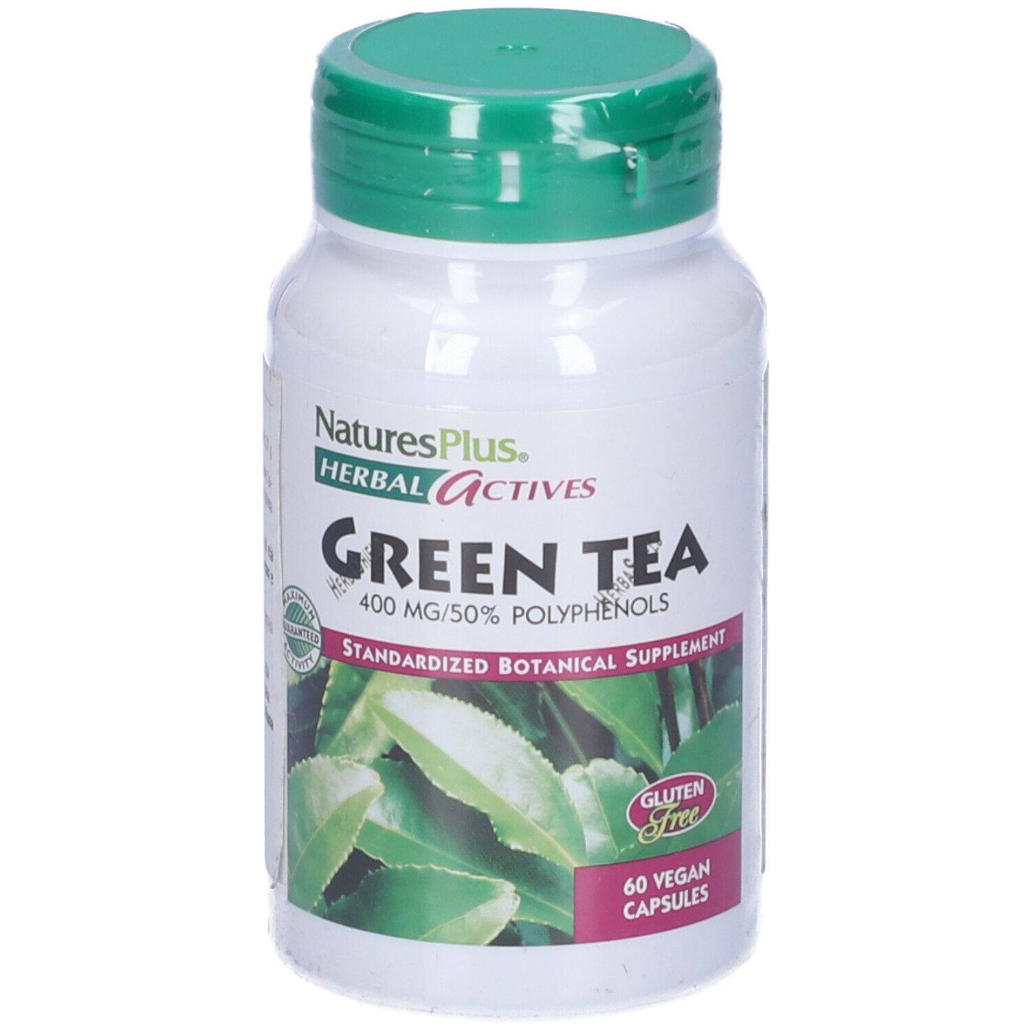 Flacone bianco, tappo verde. Scritta: Herbal Actives Green Tea, 60 capsule vegane. Senza glutine.