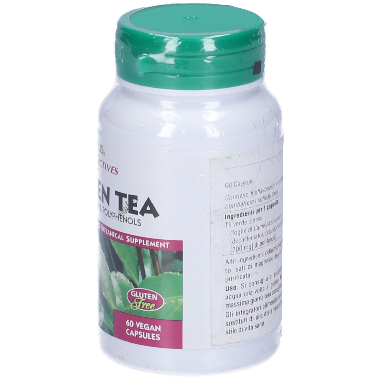 Flacone bianco, tappo verde. Scritta: Herbal Actives Green Tea, 60 capsule vegane. Senza glutine.