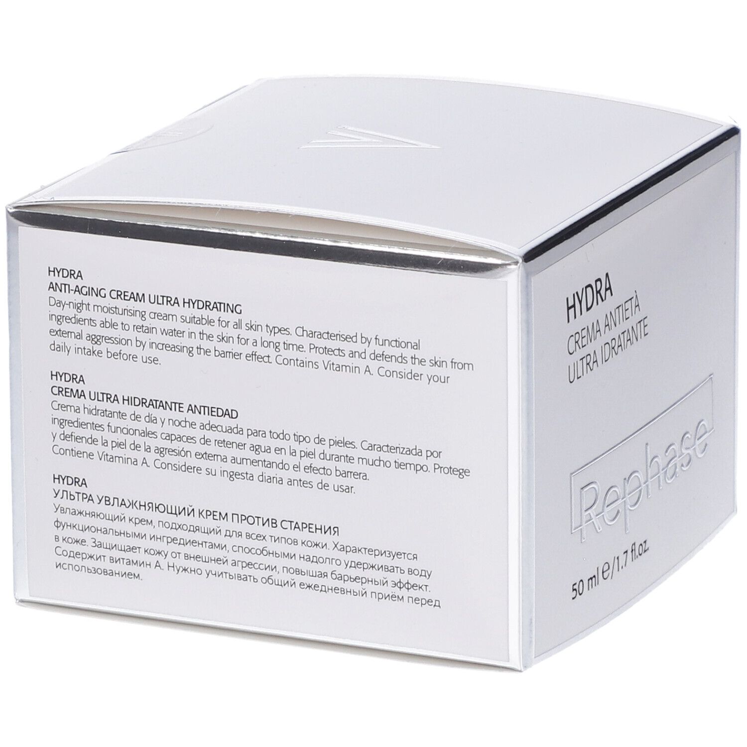 Confezione bianca con testo multilingue. Contiene "HYDRA CREMA ANTIETÀ ULTRA IDRATANTE" e "Rephase". 50 ml / 1.7 fl.oz.