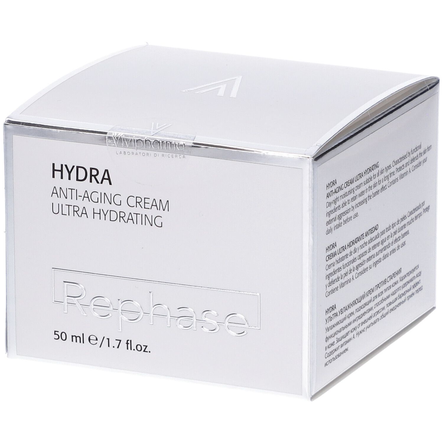 Confezione bianca con scritta "HYDRA ANTI-AGING CREAM ULTRA HYDRATING" e "Rephase". 50 ml / 1.7 fl.oz.