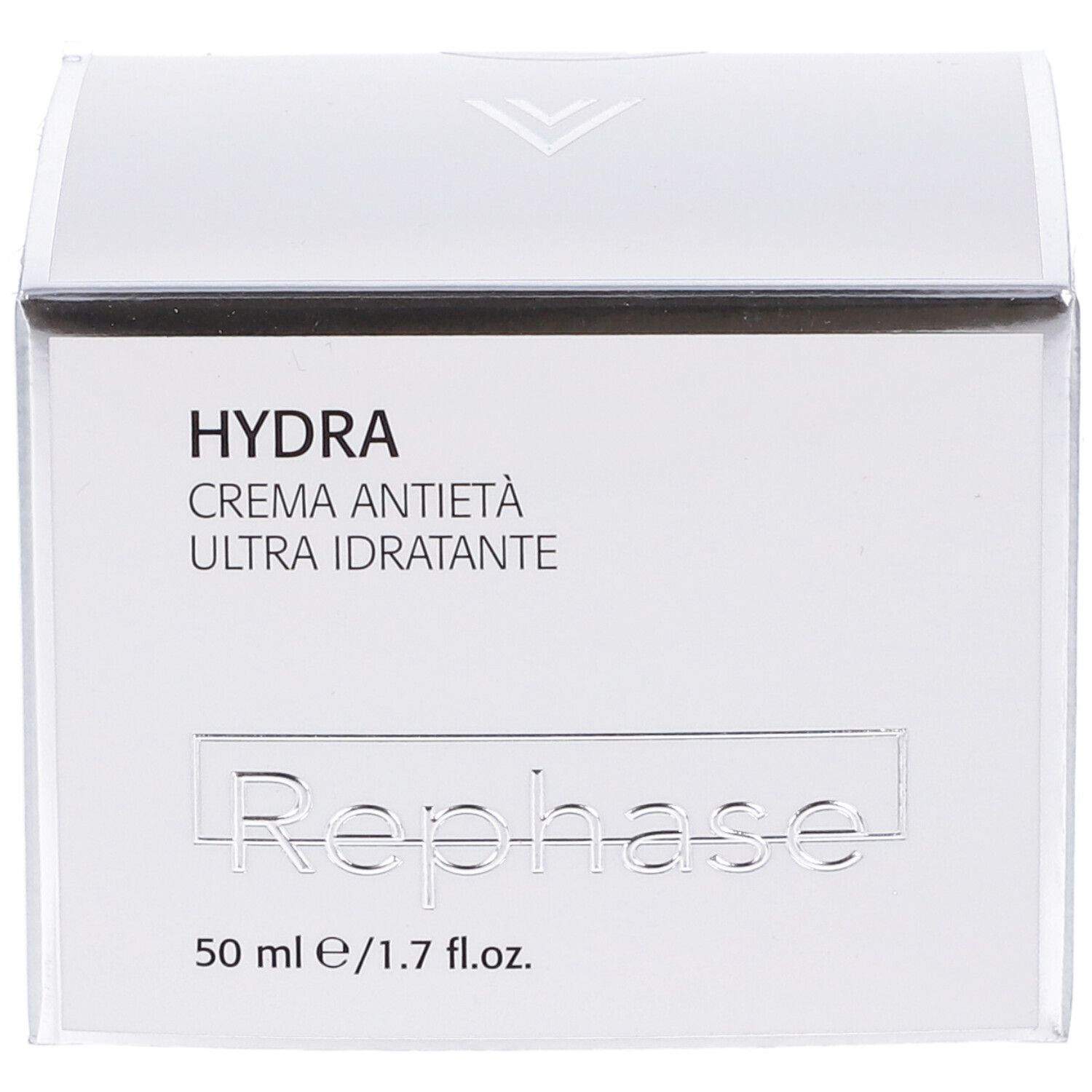 Confezione bianca con scritta "HYDRA CREMA ANTIETÀ ULTRA IDRATANTE" e "Rephase". 50 ml / 1.7 fl.oz.
