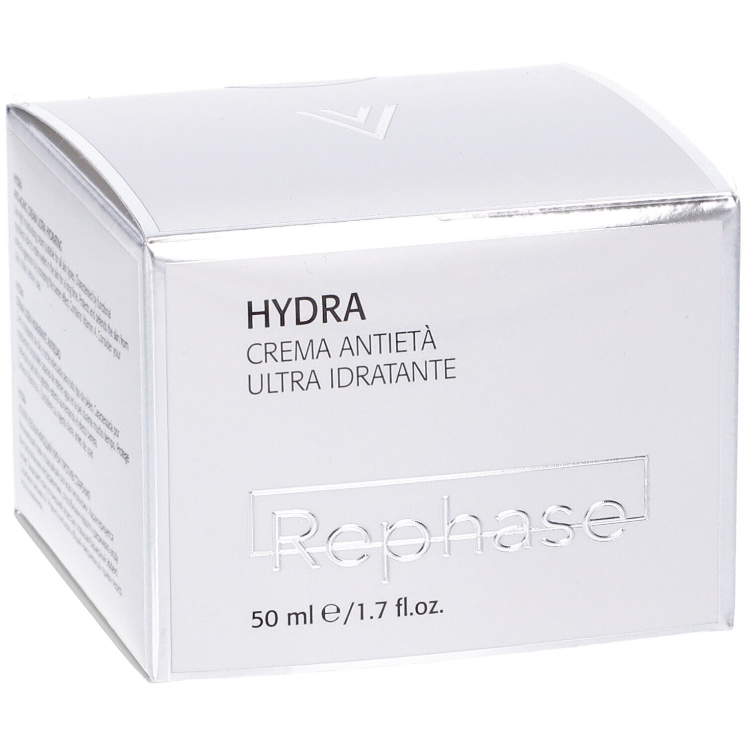 Confezione bianca con scritta "HYDRA CREMA ANTIETÀ ULTRA IDRATANTE" e "Rephase". 50 ml / 1.7 fl.oz.