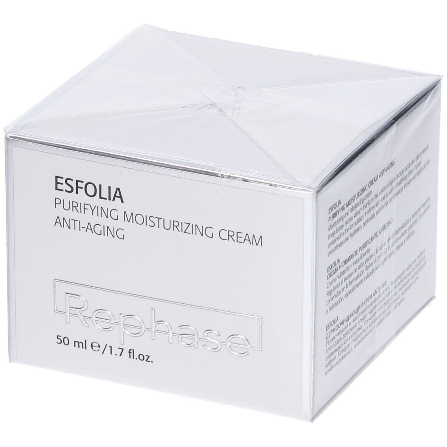Esfolia Purifying Moisturizing Cream Anti-Aging in scatola pieghevole argentata, 50 ml.