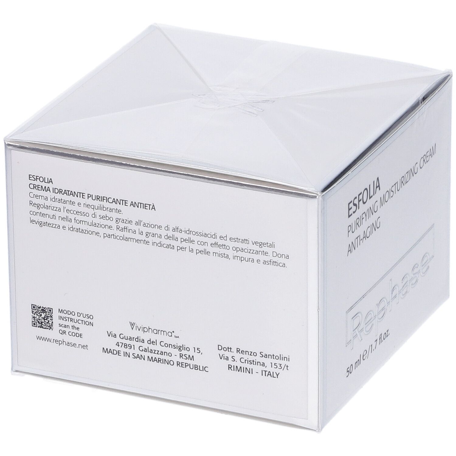Confezione argento per crema idratante purificante anti-età Esfolia RePhase, 50 ml.