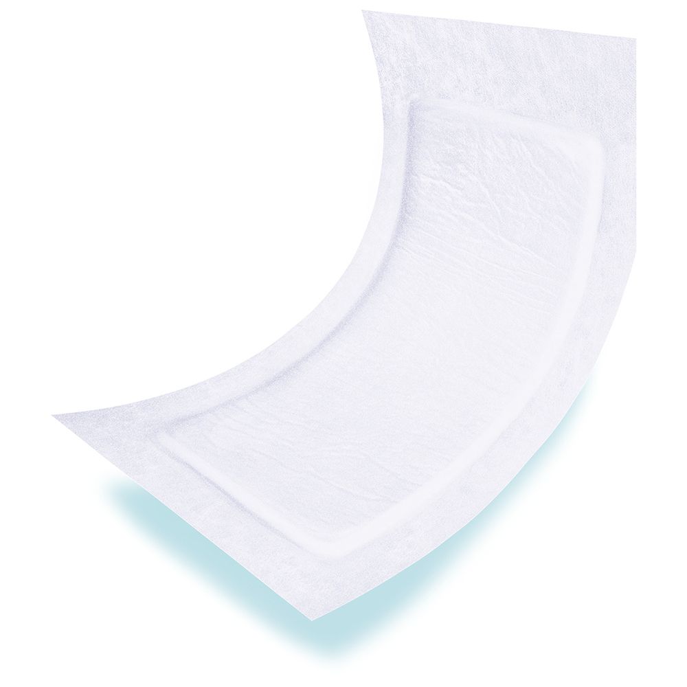 Prodotto per incontinenza bianco, rettangolare. Con inserto assorbente rettangolare. Prodotto leggermente curvo.