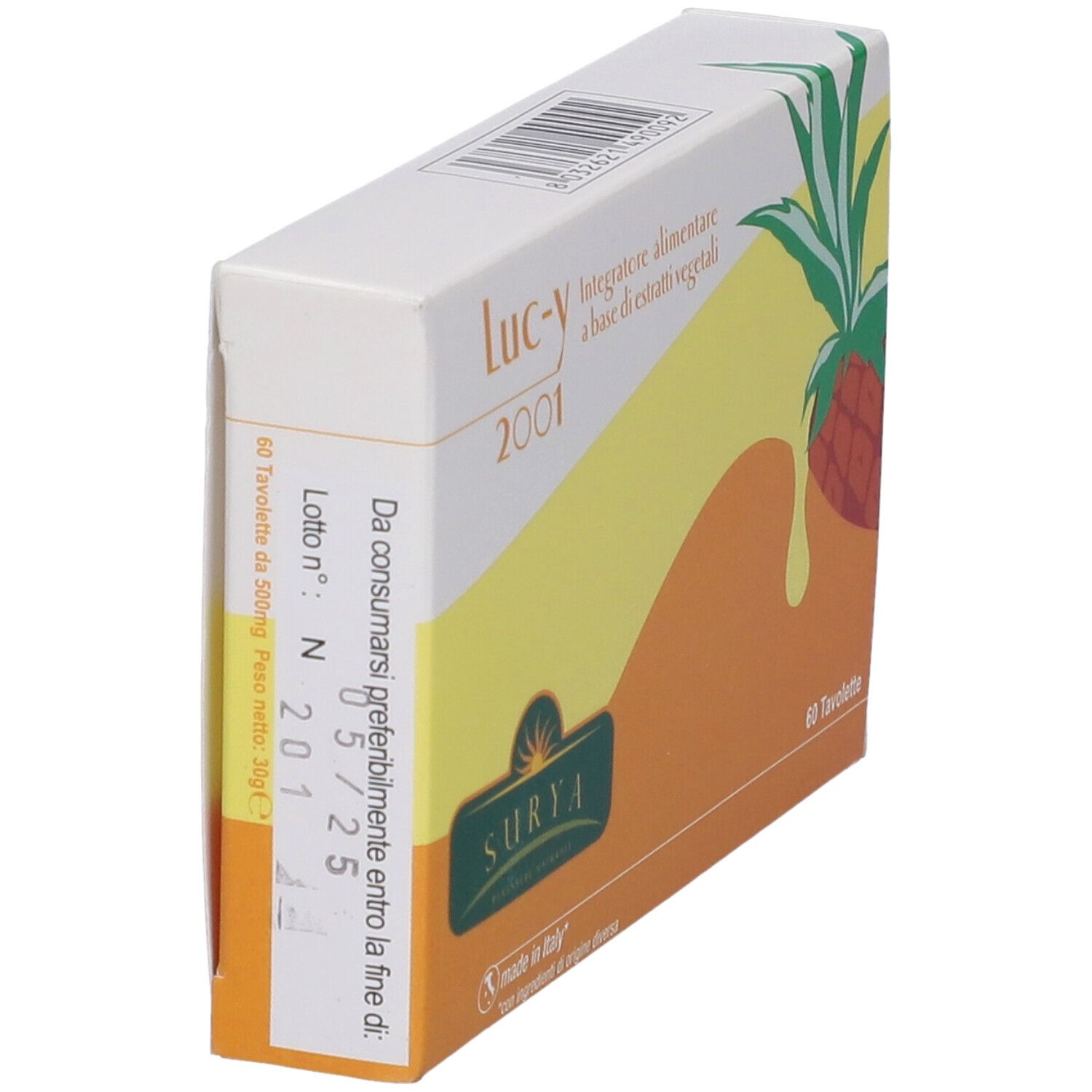 Scatola Luc-Y 2001, vista laterale. Testo, codice a barre e illustrazione ananas. 60 compresse. Data di scadenza.