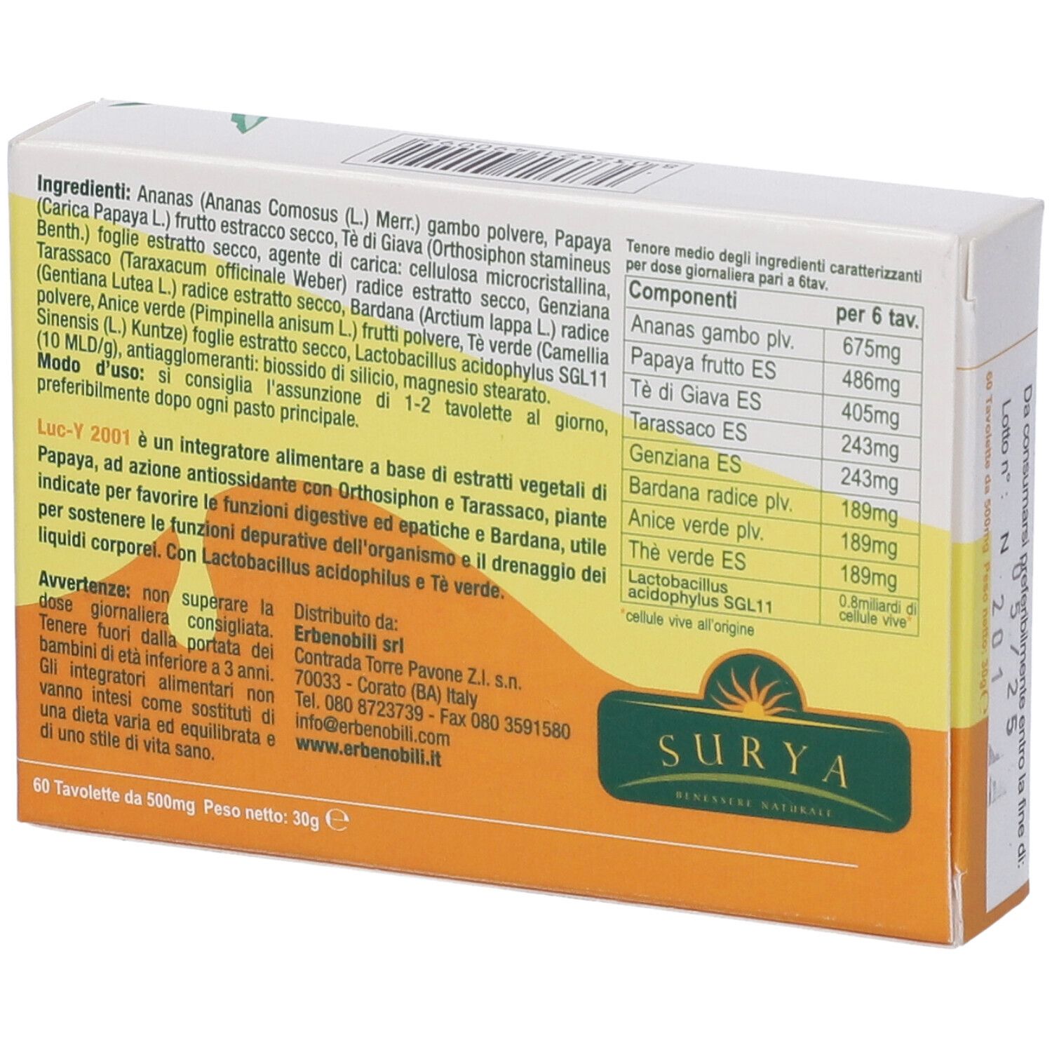 Scatola Luc-Y 2001, retro con ingredienti e informazioni nutrizionali. Marchio Surya. 60 compresse.