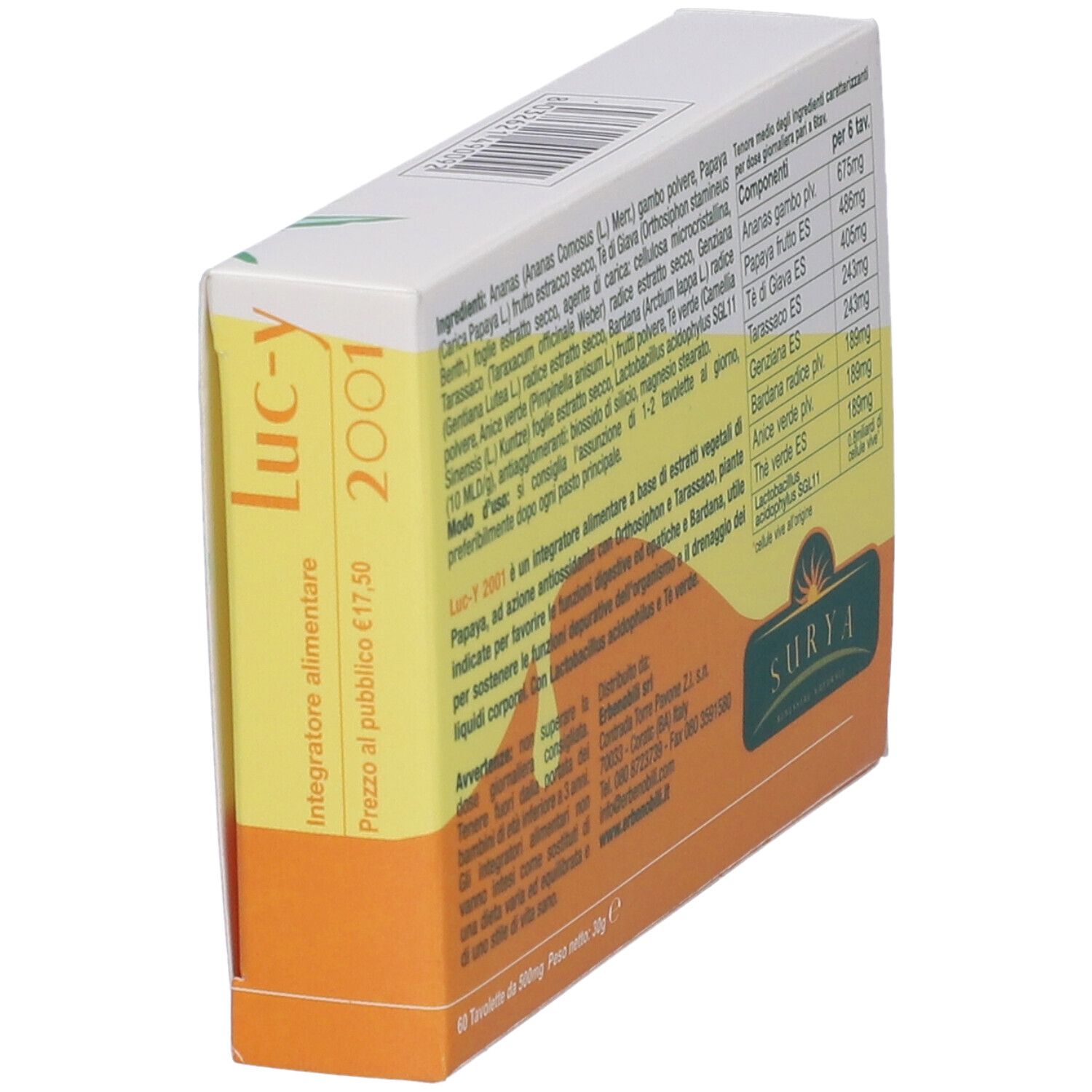 Scatola Luc-Y 2001, vista laterale con testo e ingredienti. Marchio Surya. 60 compresse.