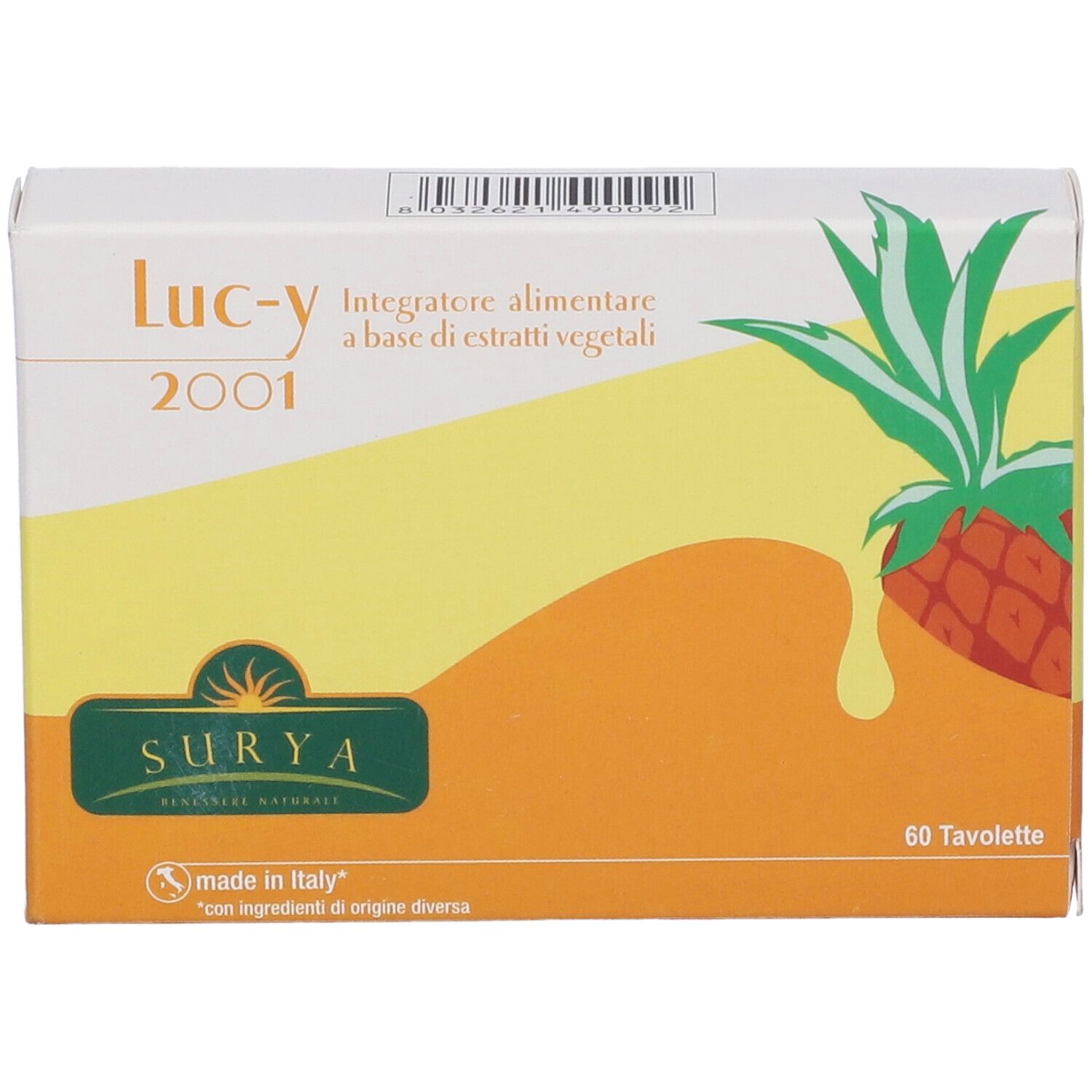 Scatola di Luc-Y 2001. Scatola bianca con sfondo giallo-arancio e illustrazione di ananas. 60 compresse.