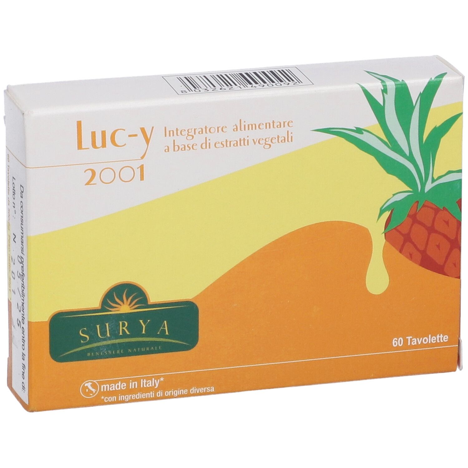Scatola di Luc-Y 2001. Scatola bianca con sfondo giallo-arancio e illustrazione di ananas. 60 compresse.