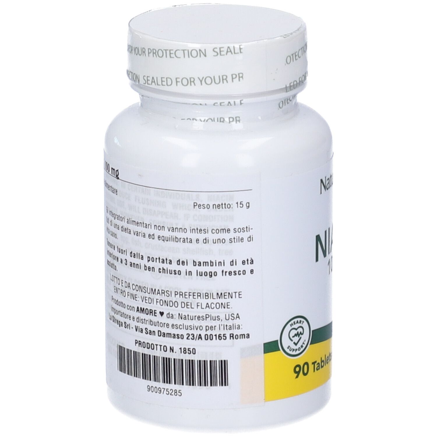 Flacone bianco di compresse di niacina. Scritta: NaturesPlus, NIACIN 100 mg, 90 compresse. Retro con testo.