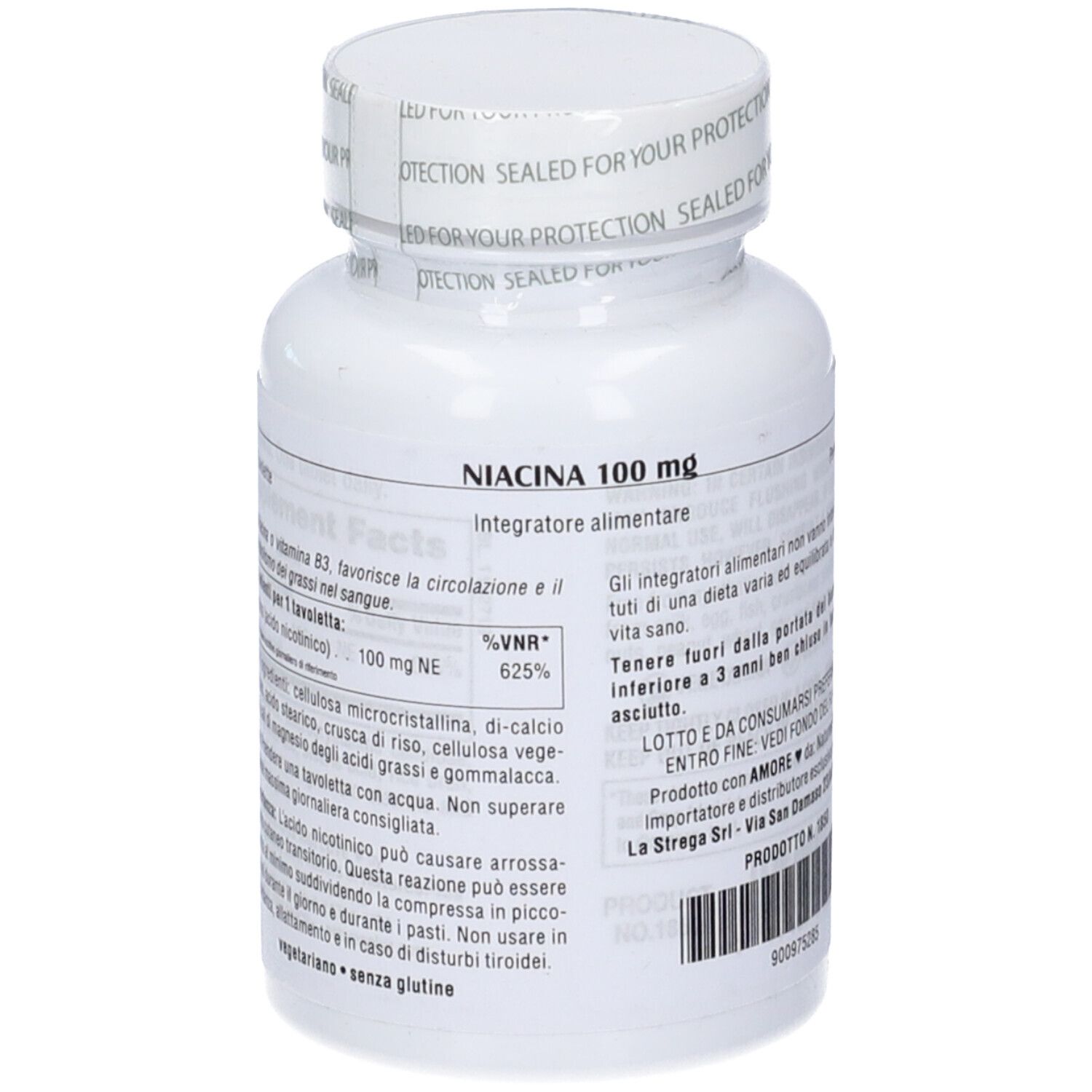 Flacone bianco di compresse di niacina. Scritta: NIACINA 100 mg. Retro con testo, ingredienti e informazioni nutrizionali.