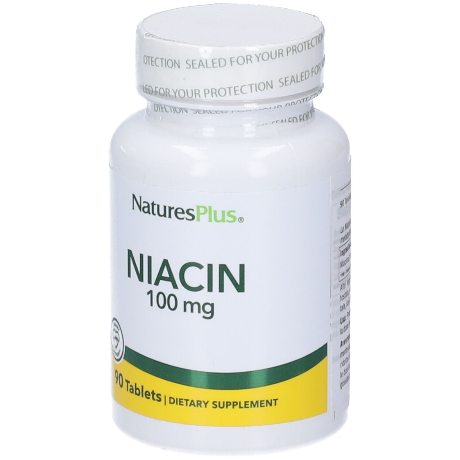 Flacone bianco di compresse di niacina. Scritta: NaturesPlus, NIACIN 100 mg, 90 compresse. Striscia gialla in basso.