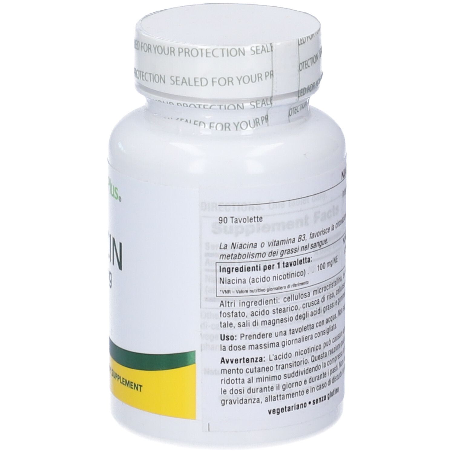 Flacone bianco di compresse di niacina. Scritta: NIACIN 100 mg. Retro con testo, ingredienti e informazioni nutrizionali.