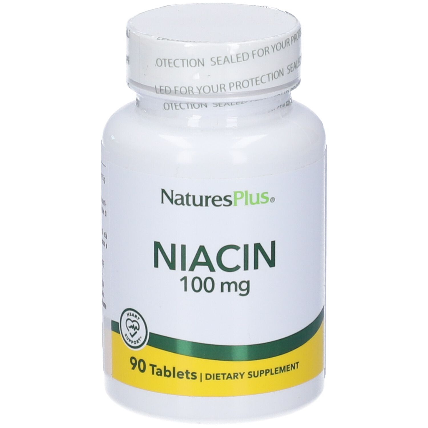 Flacone bianco di compresse di niacina. Scritta: NaturesPlus, NIACIN 100 mg, 90 compresse. Sigillo sul tappo.