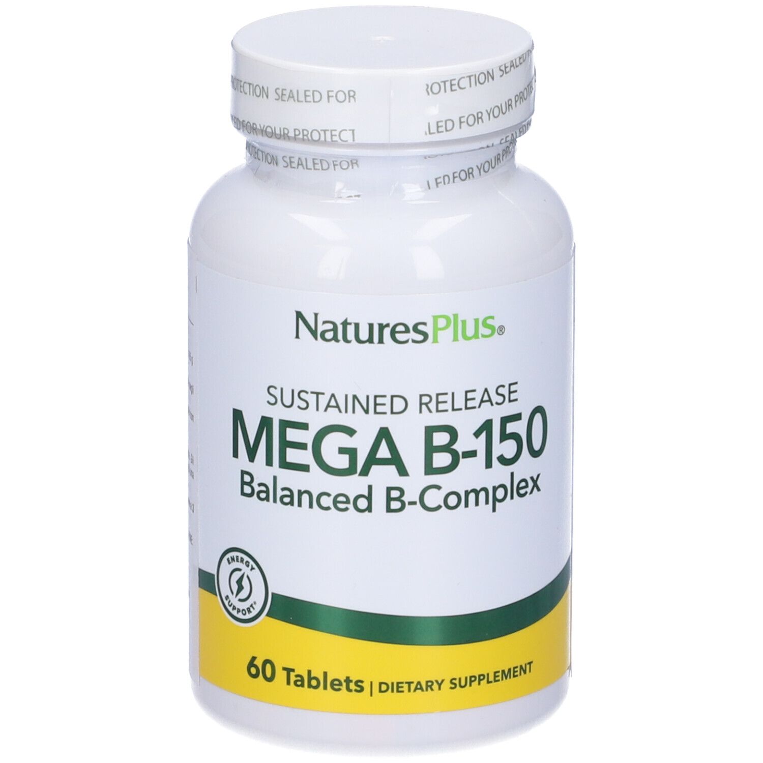 Flacone bianco con etichetta giallo-verde. Scritta: Mega B-150, 60 compresse. Marchio: NaturesPlus.